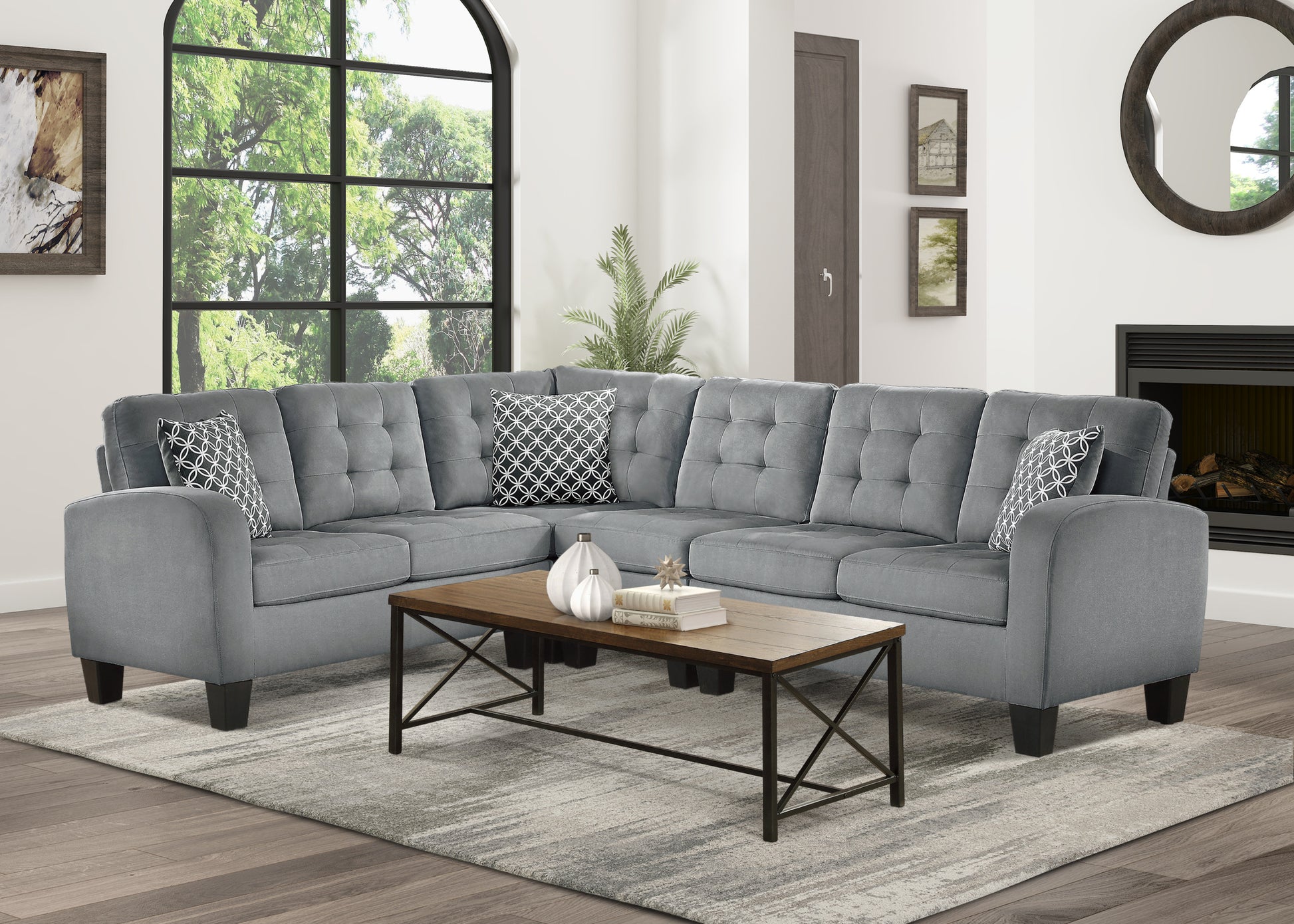 Gray Reversible 4 Piece Sectional Sofa Tufted Detail Textured Fabric Upholstered Solid Wood Contemporary Living Room Furniture L Shape Sofa Couch Gray Polyester Wood Primary Living Space Pillow Back Contemporary L Shaped Solid Wood