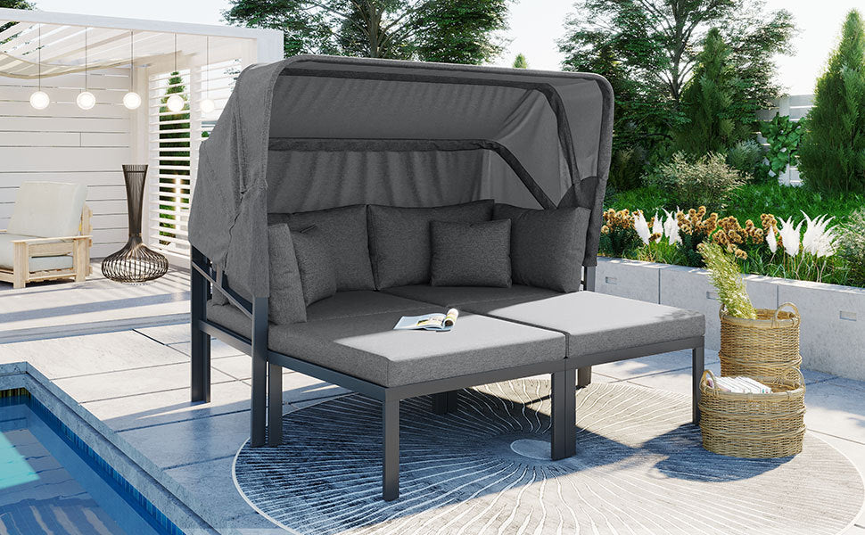 3 Piece Patio Daybed With Retractable Canopy Outdoor Metal Sectional Sofa Set Sun Lounger With Cushions For Backyard, Porch, Poolside,Grey Yes Lounge Gray Weather Resistant Frame Water Resistant Cushion Garden & Outdoor Complete Patio Sets Foam Metal