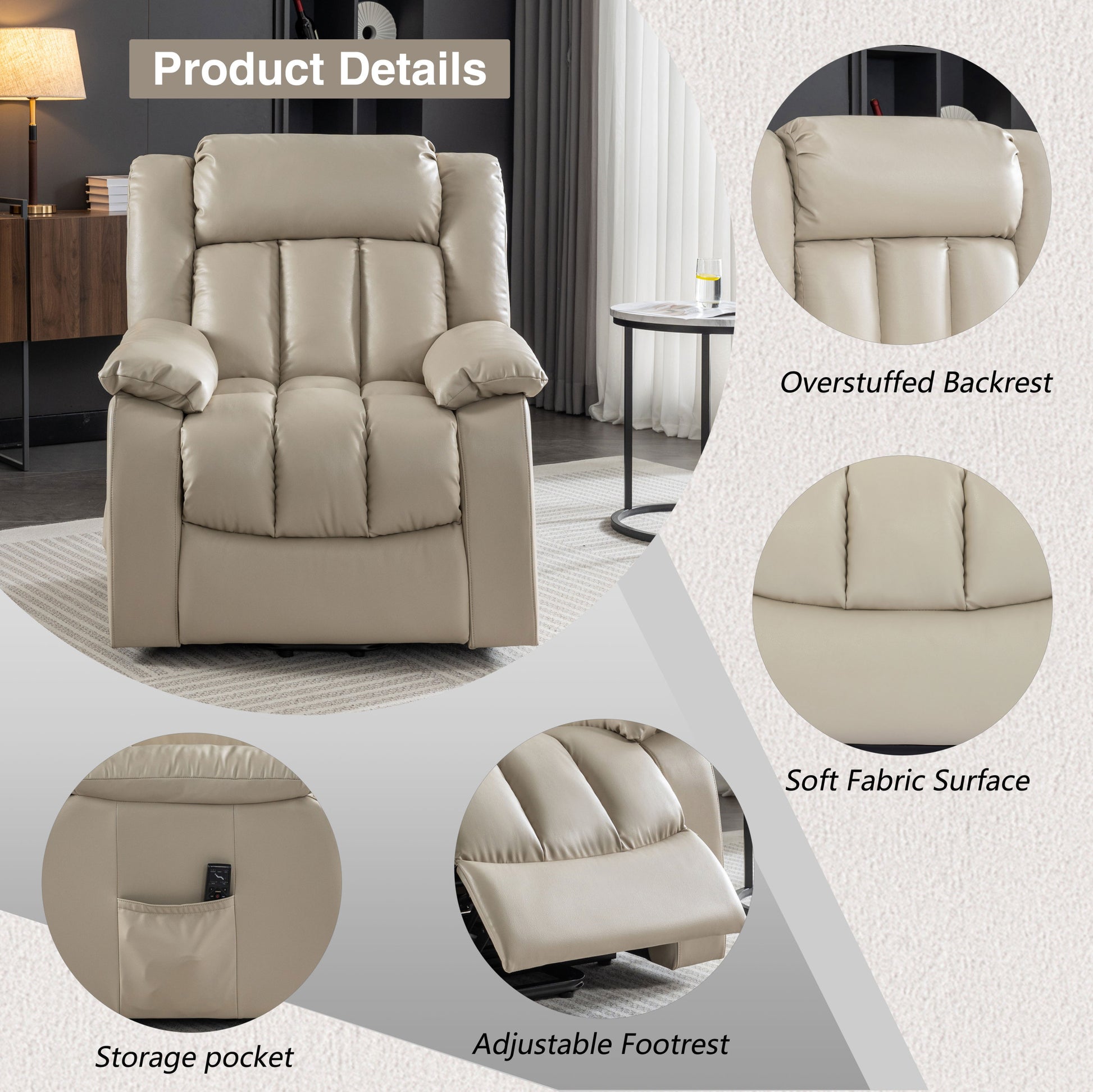 Lift Recliner Chair, Electric Power Recliner Chair For Elderly With Eight Points Massage And Heating, Beige Beige Faux Leather Power Remote Wood Primary Living Space Soft American Traditional Metal & Wood