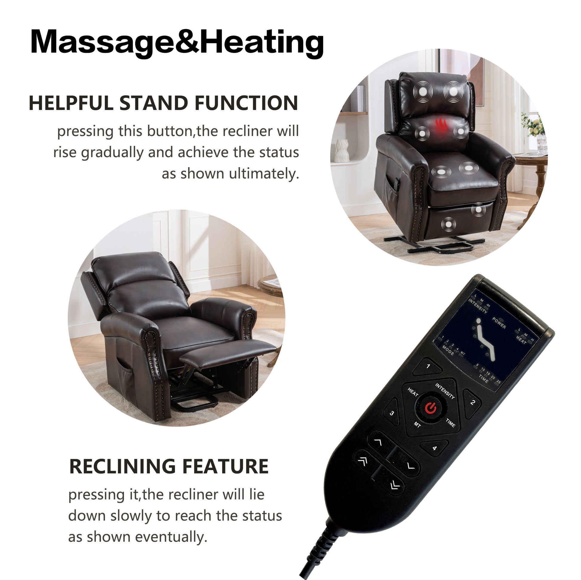 Lift Recliner Chair, Electric Power Lift Recliner Chair For Elderly With Eight Points Massage And Heating Brown Brown Faux Leather Power Remote Wood Primary Living Space Soft American Traditional Metal & Wood