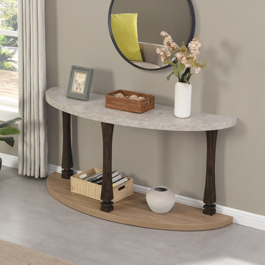 60 Inch Long Semi Circle Demilune Sofa Table For Small Hallway Entryway Space, Wooden Half Moon Sturdy Console Tables, Grey&Natural Colour Light Grey Natural Primary Living Space Antique,Mid Century Modern,Modern Semicircular Console Tables Solid Wood