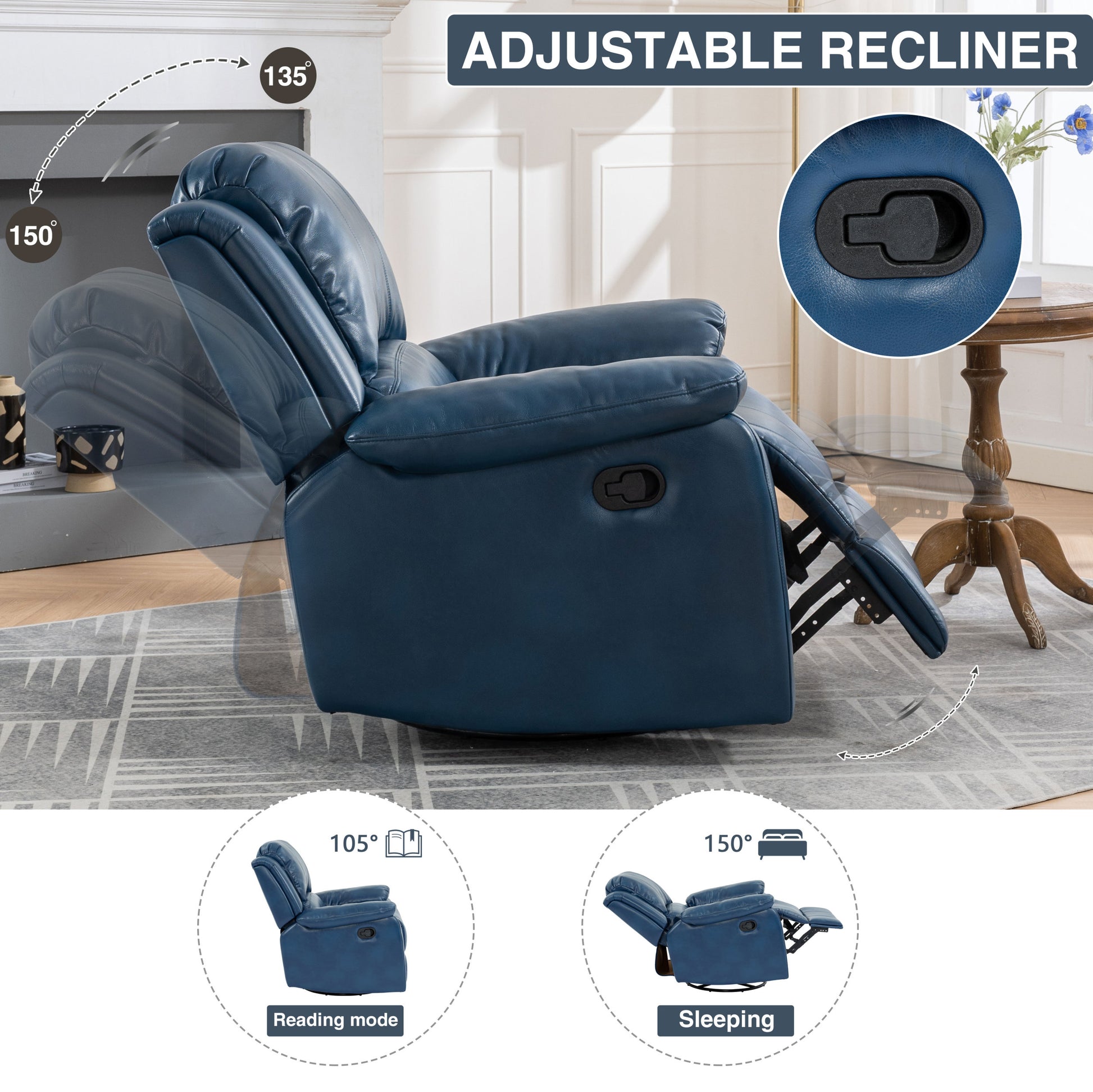 Swivel And Glider Recliner Chair, Navy Blue Blue Faux Leather Manual Push Button Wood Primary Living Space Soft American Traditional Metal & Wood