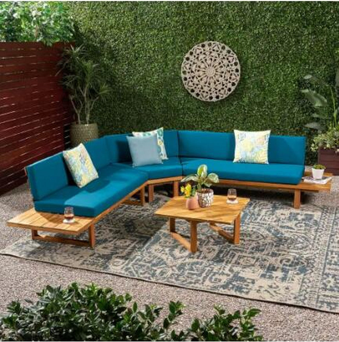 Mirabelle 5 Seater Sectional Sofa Set With Cushions, Dark Teal Teal Acacia Wood