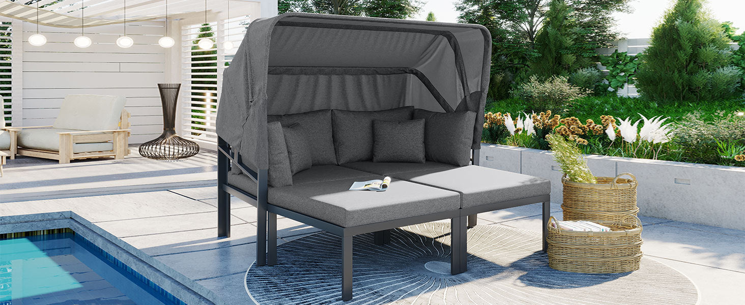 3 Piece Patio Daybed With Retractable Canopy Outdoor Metal Sectional Sofa Set Sun Lounger With Cushions For Backyard, Porch, Poolside,Grey Yes Lounge Gray Weather Resistant Frame Water Resistant Cushion Garden & Outdoor Complete Patio Sets Foam Metal