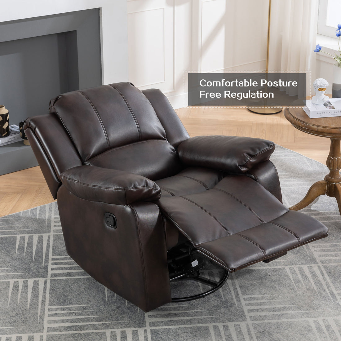 Swivel And Glider Recliner Chair, Brown Brown Faux Leather Manual Push Button Wood Primary Living Space Soft American Traditional Push Button Metal & Wood