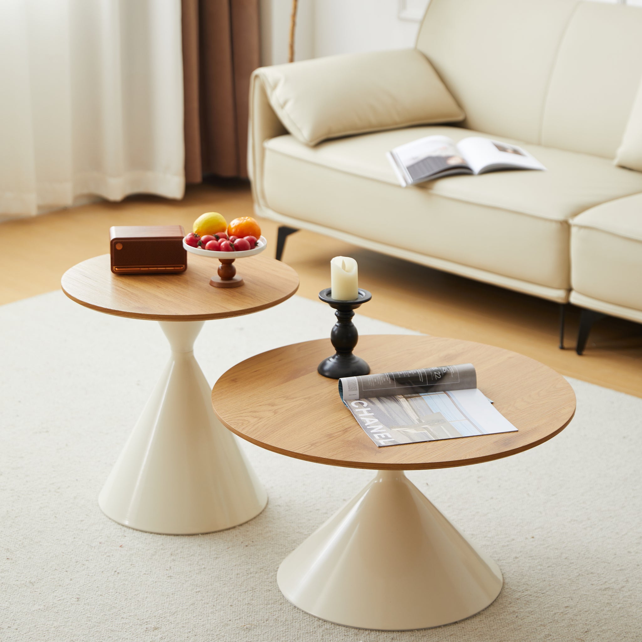 Round Coffee Table White Wood Brown White Mdf Metal