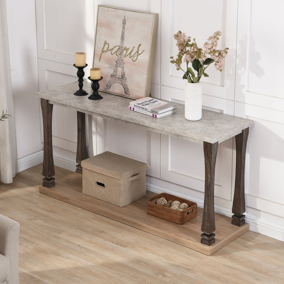 48 Inch Long Rectangle Mid Century Console Table For Entryway, Wood Sofa Table With 2 Tier Storage Shelf, Grey Tabletop Light Grey Natural Primary Living Space American Traditional,Antique Rectangular Console Tables Rectangular Solid Wood Mdf