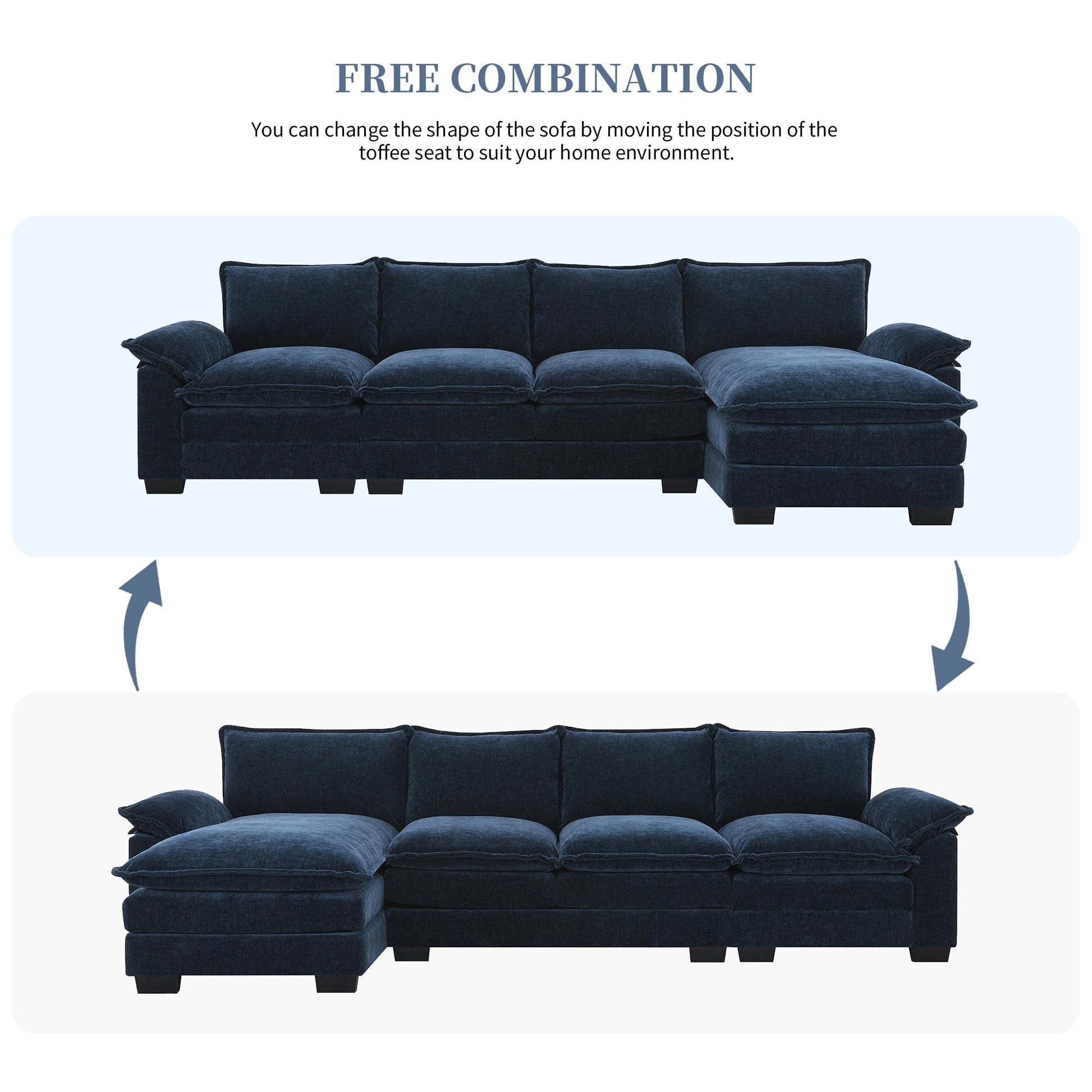 118*55" Modern L Shaped Chenille Cloud Sofa With Double Seat Cushions,5 Seat Upholstered Indoor Furniture,Sleeper Sofa Couch With Chaise Lounge For Living Room,Apartment,3 Colors Dark Navy Chenille 4 Seat