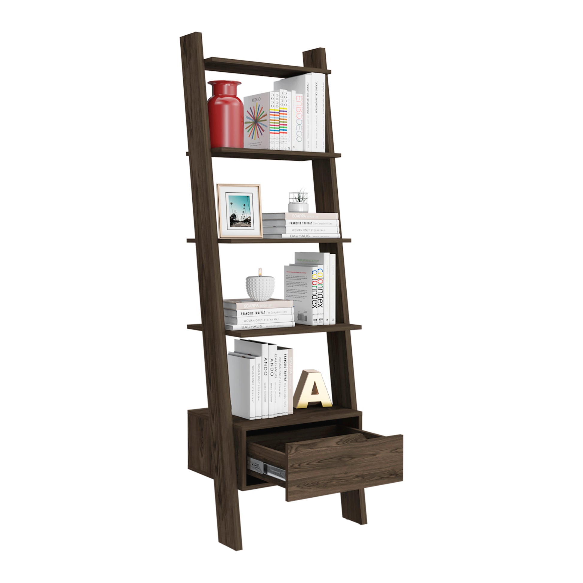 Hamburg Ladder Bookcase, Five Open Shelves, One Drawer 3 4 Shelves Brown Brown Office Open Storage Space American Design,Modern Pine Pine Engineered Wood