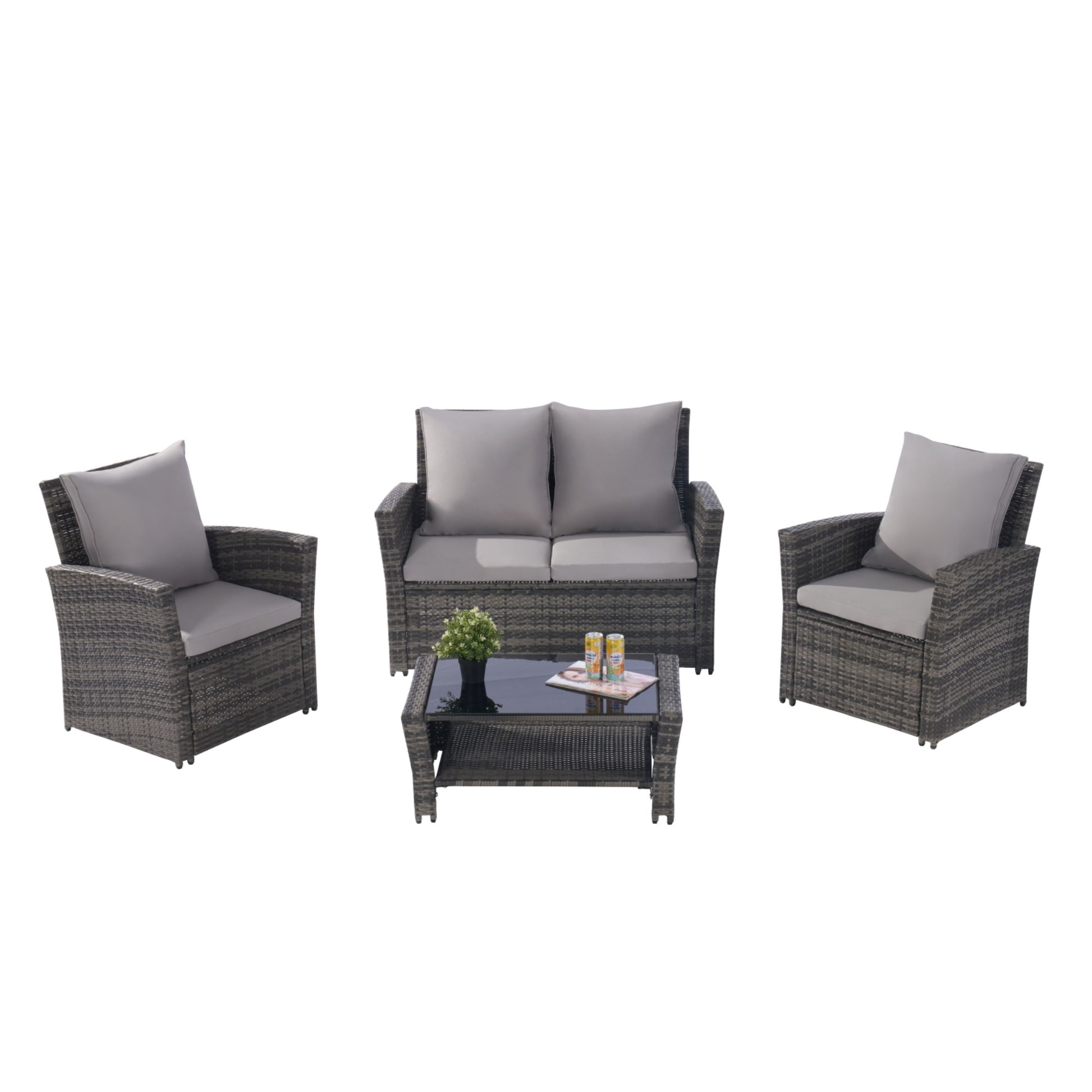 4 Pieces Outdoor Patio Furniture Sets Garden Rattan Chair Wicker Set, Poolside Lawn Chairs With Tempered Glass Coffee Table Porch Furniture Yes Complete Patio Set Dark Gray Seats 4 Water Resistant Frame Water Resistant Cushion Garden & Outdoor American