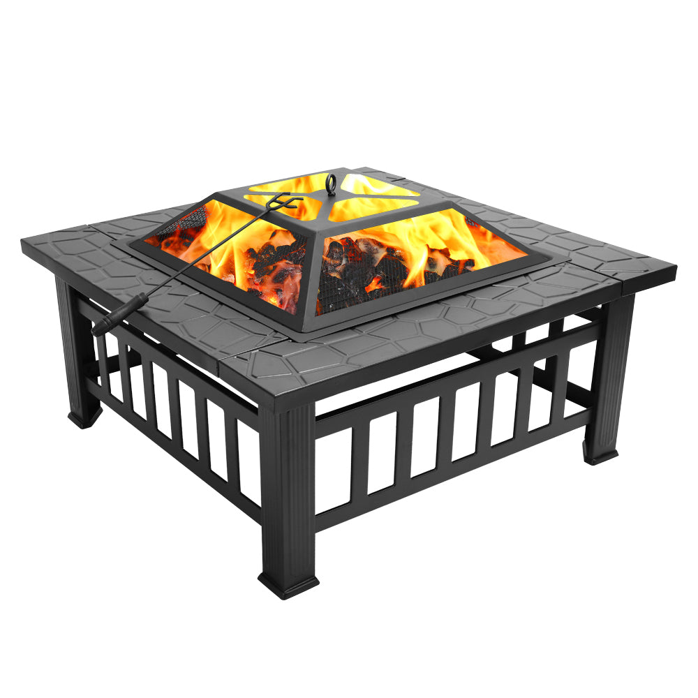 Fire Pit Table 32In Square Metal Firepit Stove Backyard Patio Garden Fireplace For Camping, Outdoor Heating, Bonfire And Picnic Black Garden & Outdoor Iron