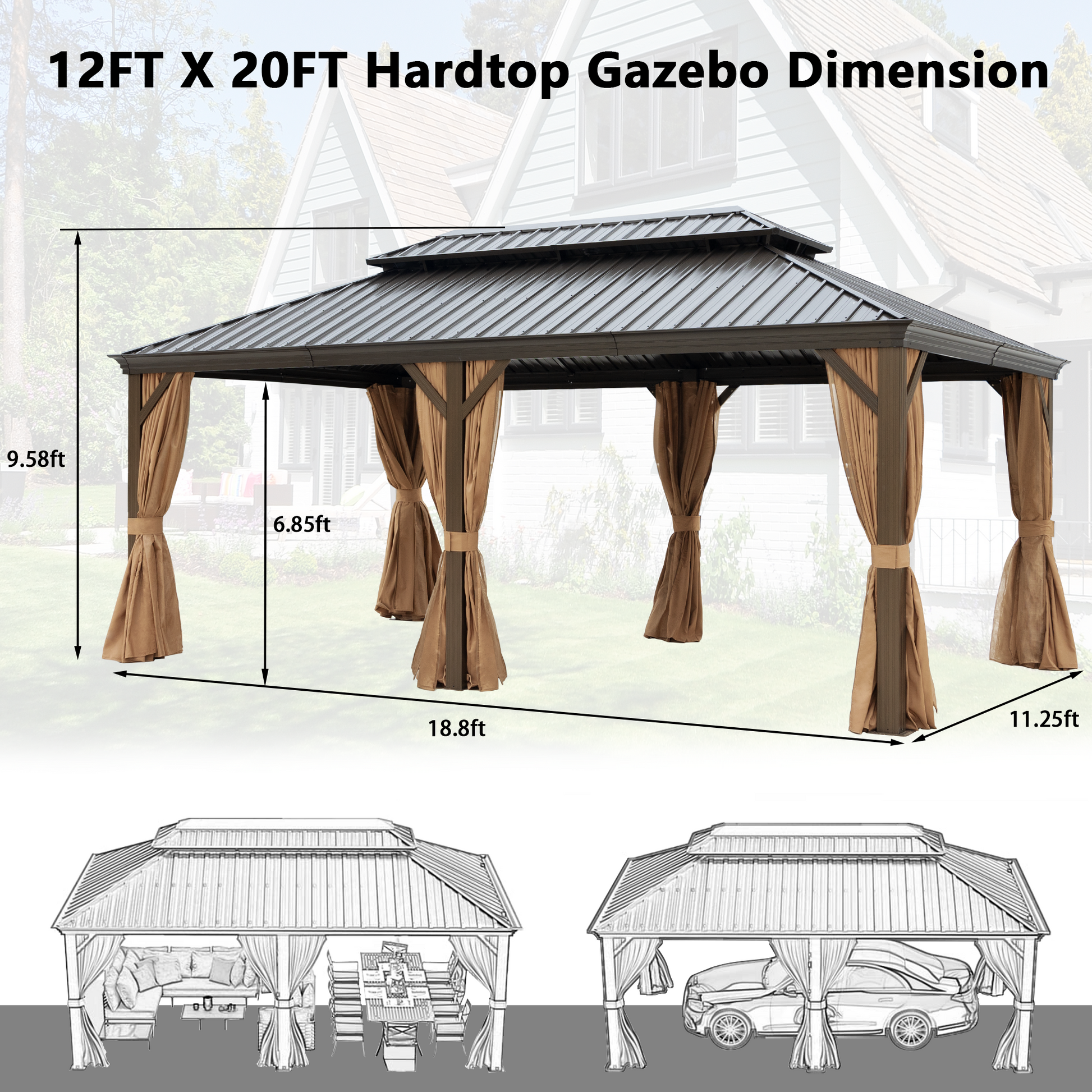 12X20Ft Galvanized Steel Gazebos With Netting & Curtains Brown Rectangular Garden & Outdoor Uv Resistant Gazebos Anchored Aluminium Alloy