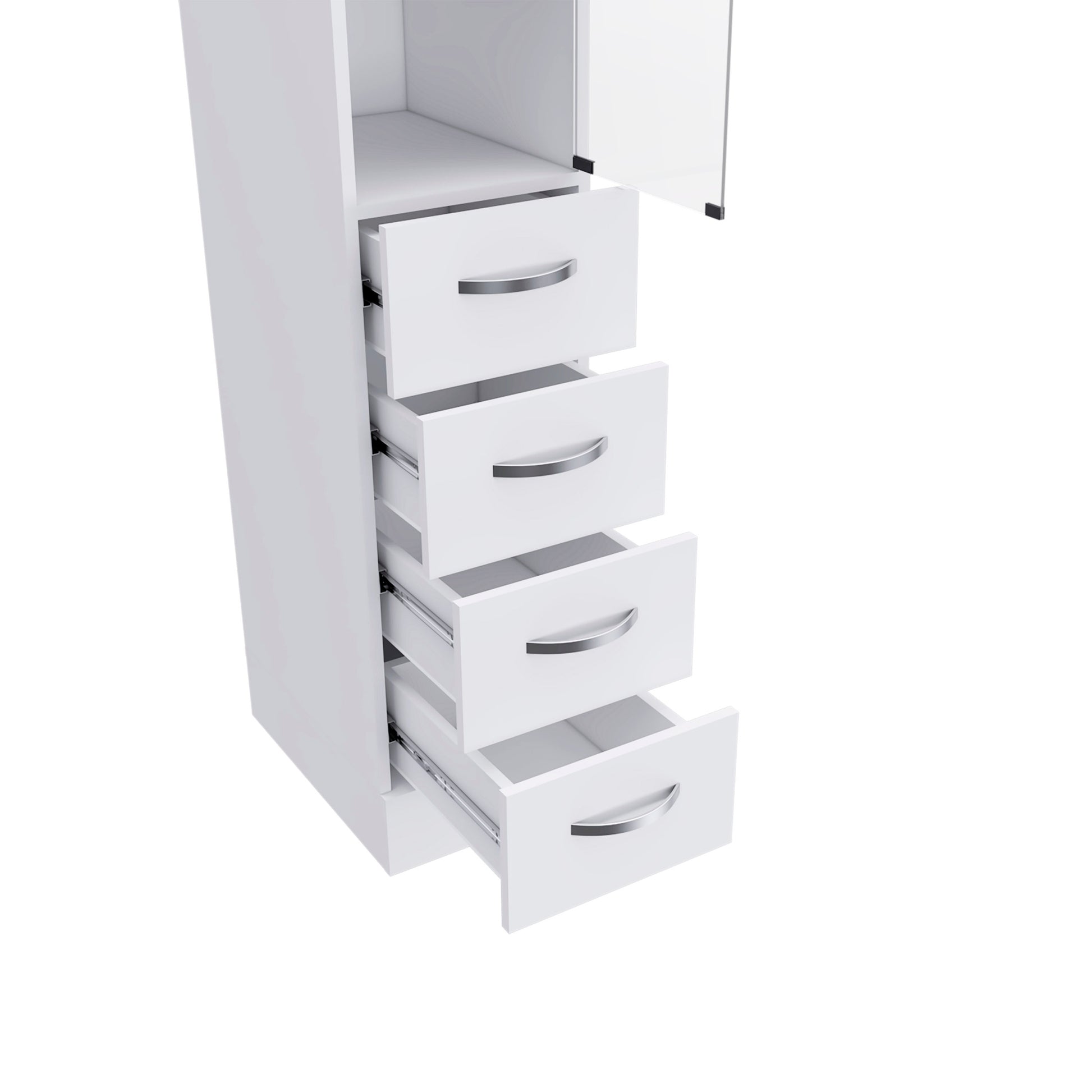 Preston Linen Cabinet, Three Shelves, Four Drawers 4 White 1 3 Up To 17 In 60 In & Above Conceled Hinges Bathroom Freestanding Modern 15 20 Inches Pine Engineered Wood