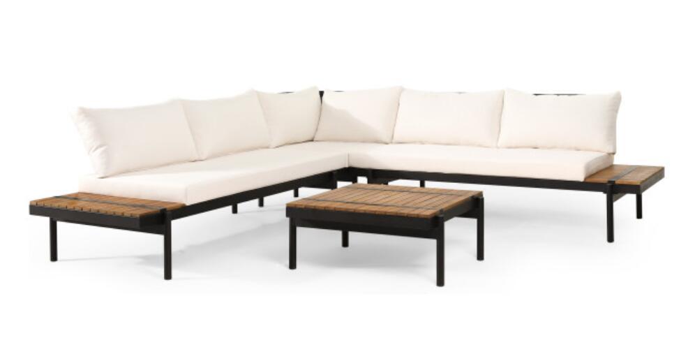 Theo 5 Seater Sectional Sofa Set With Cushions Cream Acacia Wood