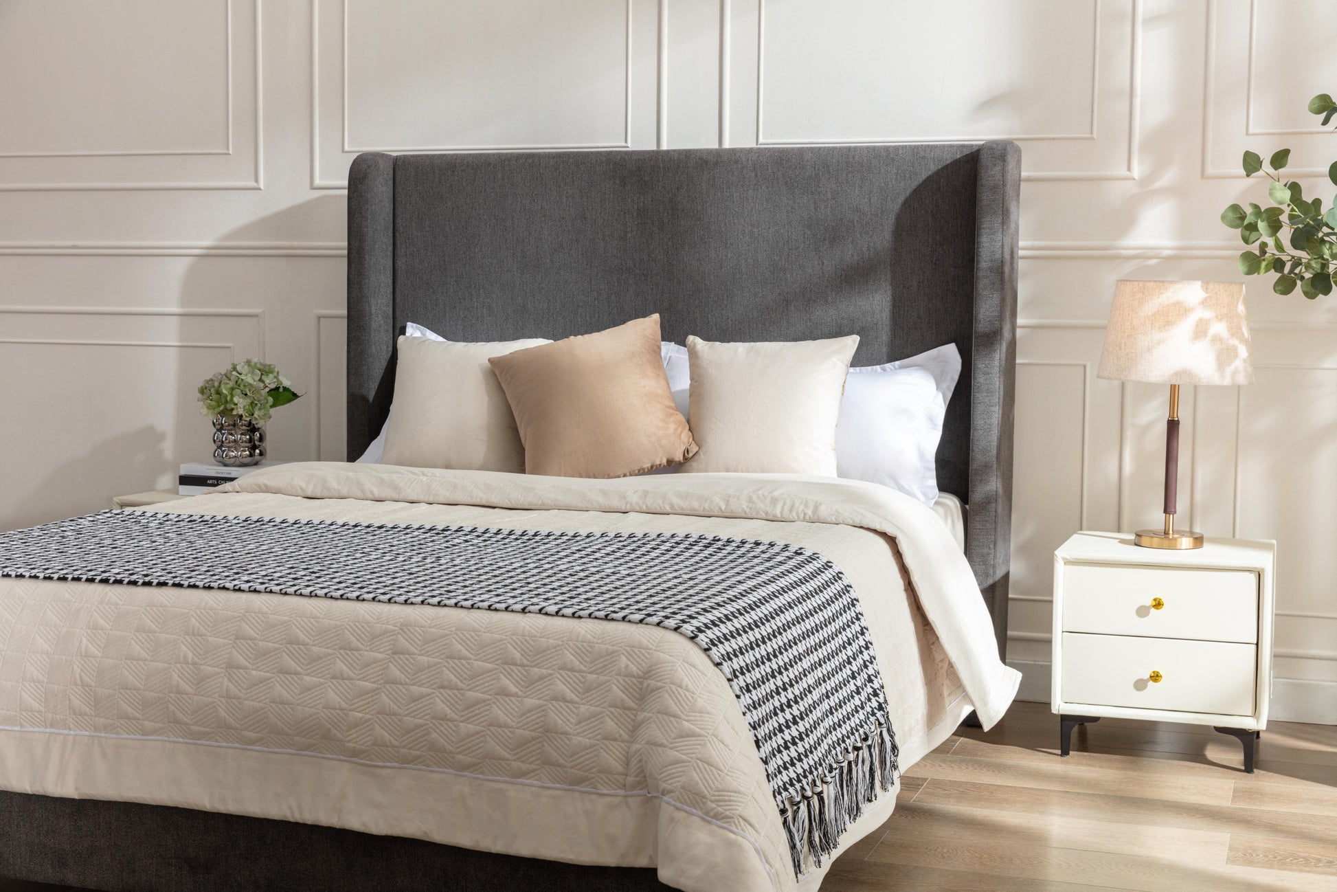 Harper Tall Headboard Upholstered Bed 54" High Headboard Elegant Simplicity No Box Spring Needed Easy Assembly Queen Dark Gray Velvet Box Spring Not Required Queen Dark Gray Metal Brown Bedroom Contemporary Oak Bed Frame Foam Velvet Fabric Metal