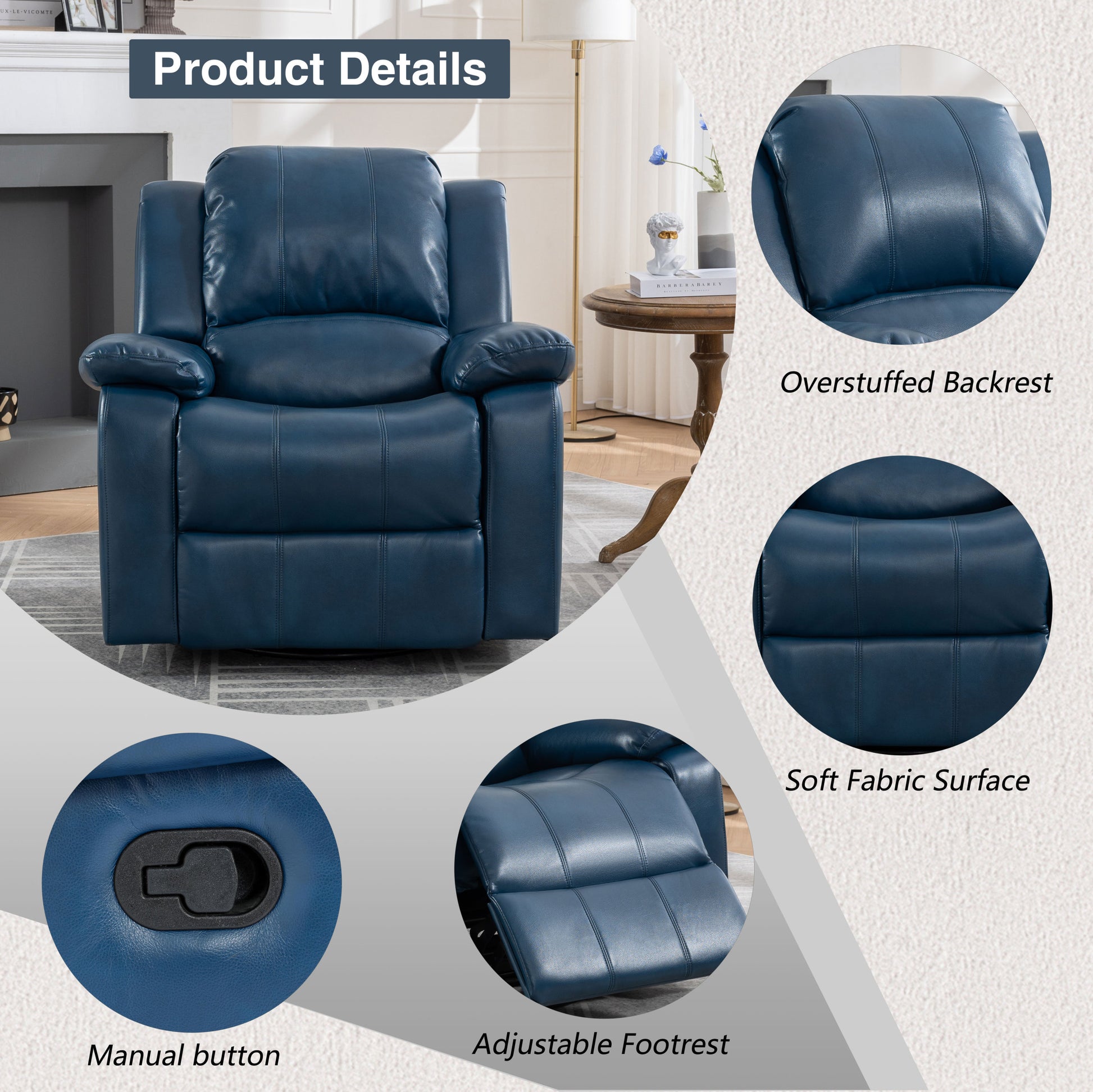 Swivel And Glider Recliner Chair, Navy Blue Blue Faux Leather Manual Push Button Wood Primary Living Space Soft American Traditional Metal & Wood