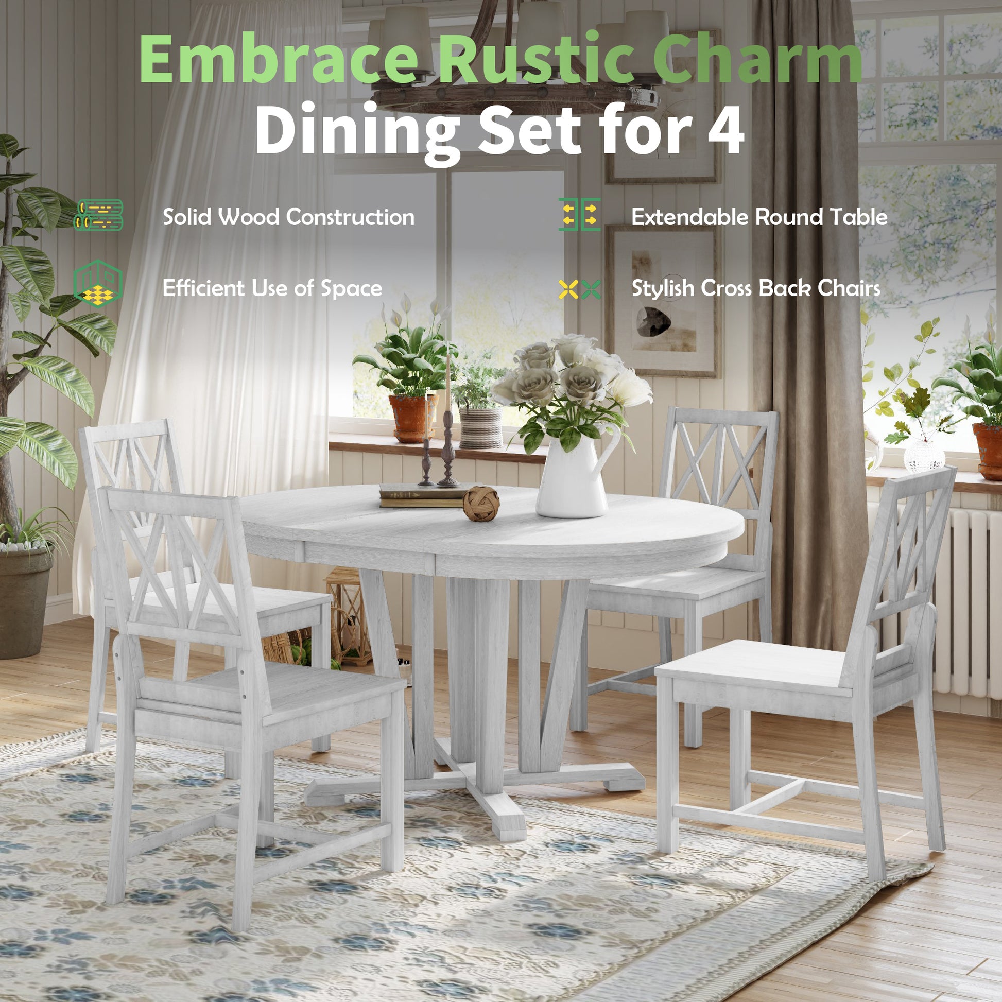 Rustic 5 Piece Extendable Dining Table Set Round Trestle Table And 4 Cross Back Dining Chairs For Kitchen, Dining Room, Gray Gray Wood Dining Room Solid Wood Rubberwood Round Dining Table With Chair Wood Wood Gray Solid Back Seats 4 Removable Leaf