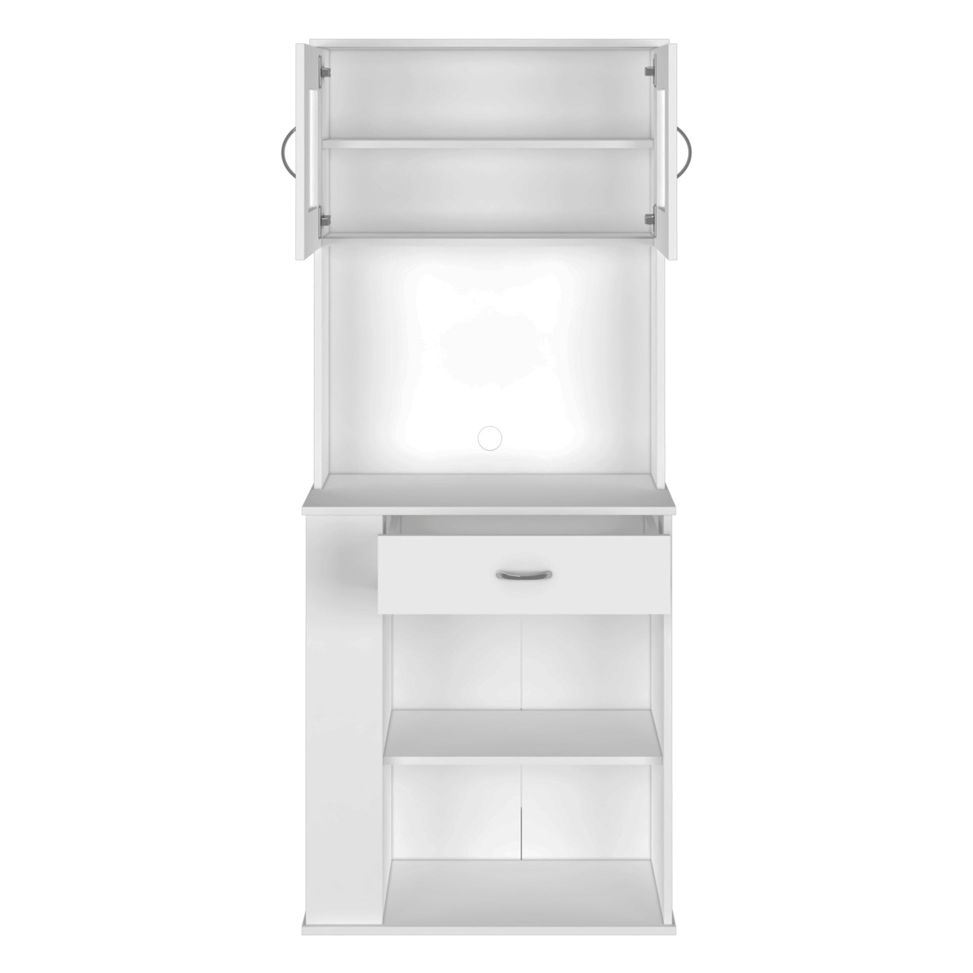 Pantry Cabinet 67" H, Two Doors, One Drawer, Two Open Storage Shelves, Two Internal Shelves, Three Open Side Storage Shelves, White White Particle Board Particle Board