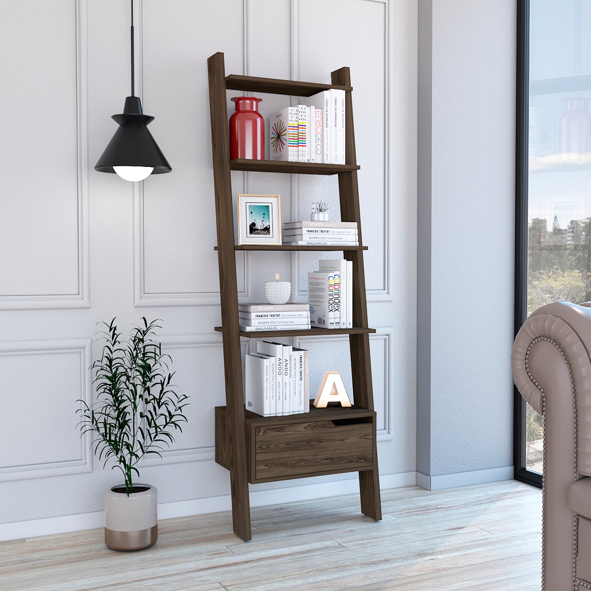 Hamburg Ladder Bookcase, Five Open Shelves, One Drawer 3 4 Shelves Brown Brown Office Open Storage Space American Design,Modern Pine Pine Engineered Wood