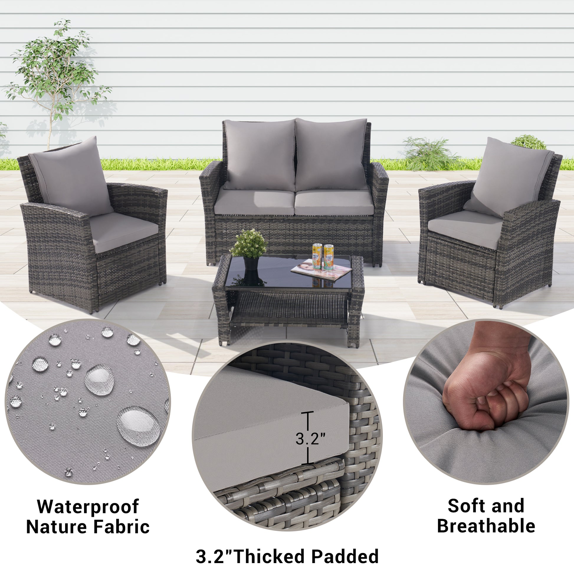 4 Pieces Outdoor Patio Furniture Sets Garden Rattan Chair Wicker Set, Poolside Lawn Chairs With Tempered Glass Coffee Table Porch Furniture Yes Complete Patio Set Dark Gray Seats 4 Water Resistant Frame Water Resistant Cushion Garden & Outdoor American