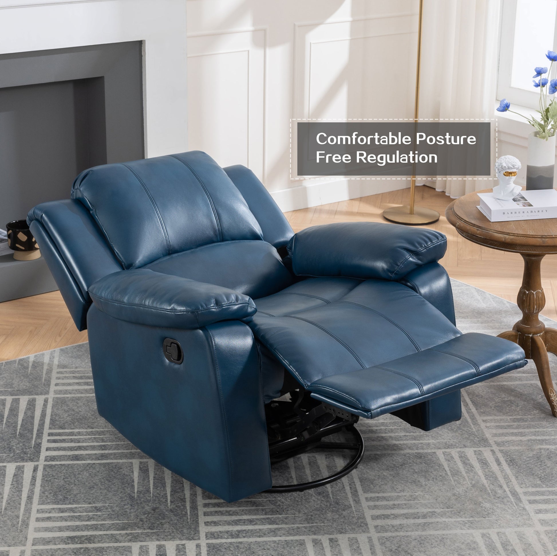 Swivel And Glider Recliner Chair, Navy Blue Blue Faux Leather Manual Push Button Wood Primary Living Space Soft American Traditional Metal & Wood