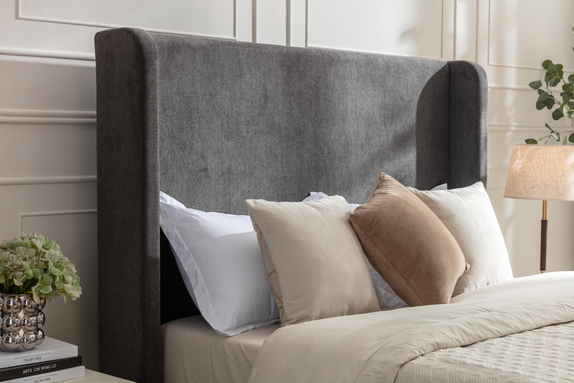 Harper Tall Headboard Upholstered Bed 54" High Headboard Elegant Simplicity No Box Spring Needed Easy Assembly Queen Dark Gray Velvet Box Spring Not Required Queen Dark Gray Metal Brown Bedroom Contemporary Oak Bed Frame Foam Velvet Fabric Metal
