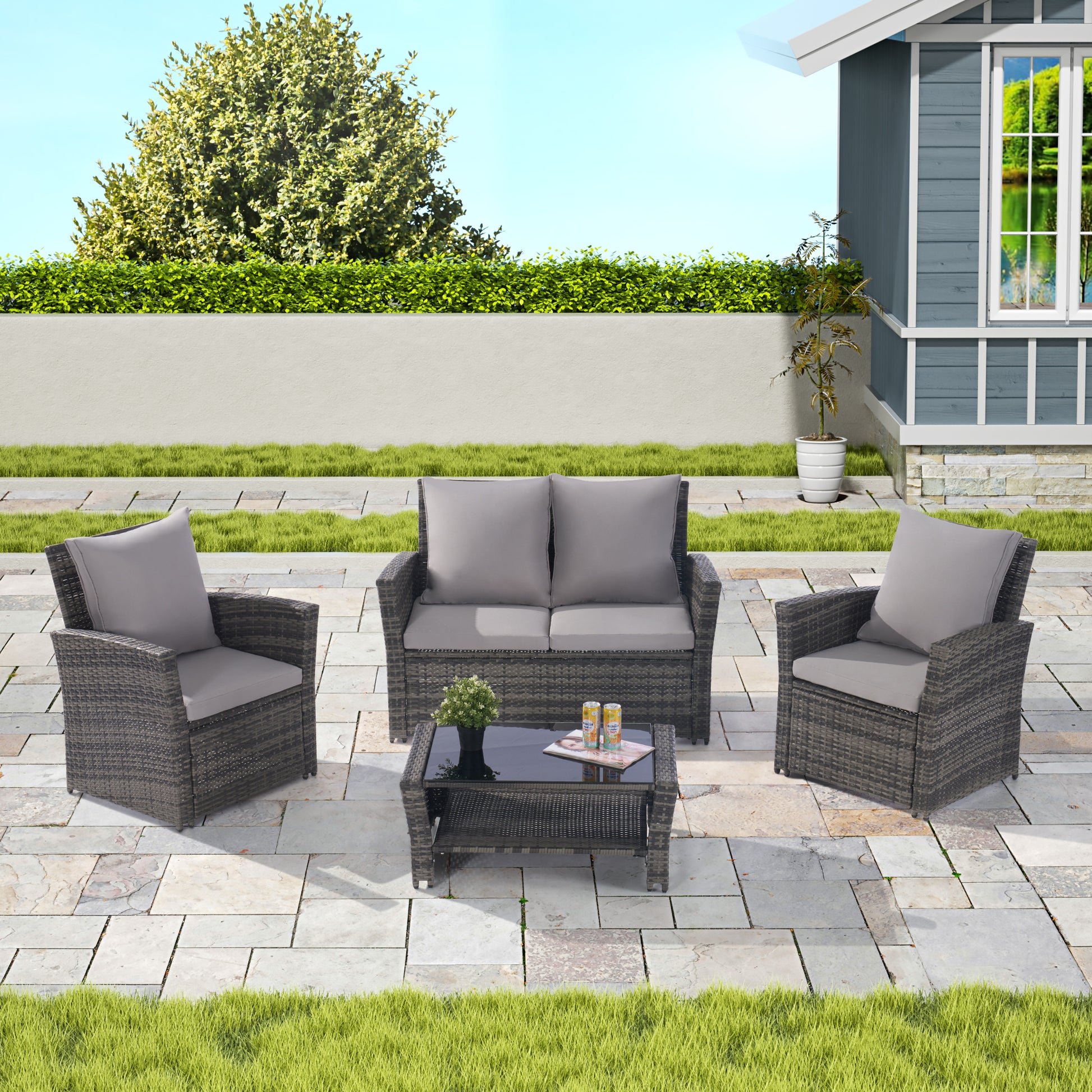 4 Pieces Outdoor Patio Furniture Sets Garden Rattan Chair Wicker Set, Poolside Lawn Chairs With Tempered Glass Coffee Table Porch Furniture Yes Complete Patio Set Dark Gray Seats 4 Water Resistant Frame Water Resistant Cushion Garden & Outdoor American