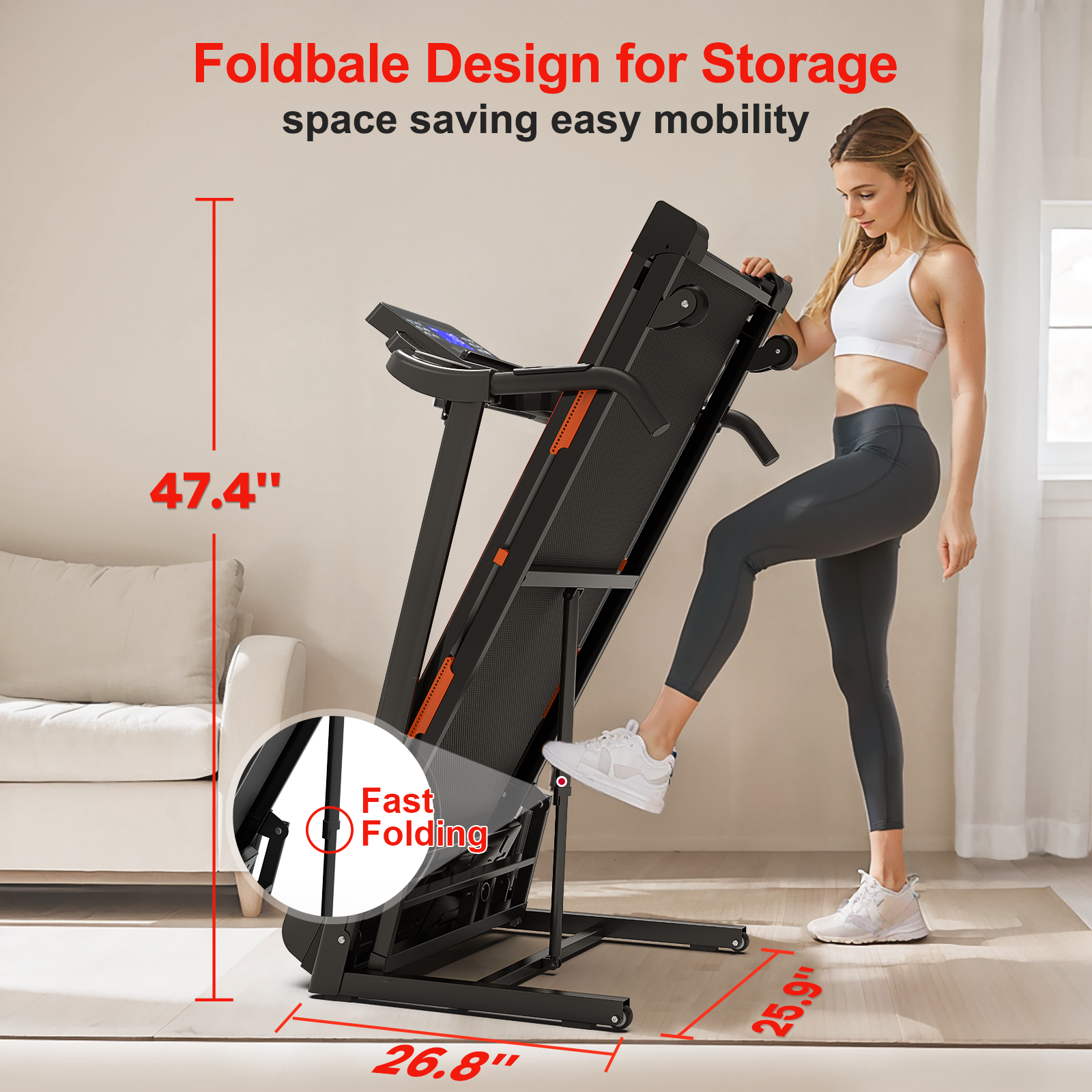 Foldable Treadmill With Incline, Electric Treadmill With Bluetooth Speaker, 3.5Hp Powerful Motor, 330Lbs Weight Capacity, Fitshow App Support Orange Handheld Foldable Office Multifunctional Steel