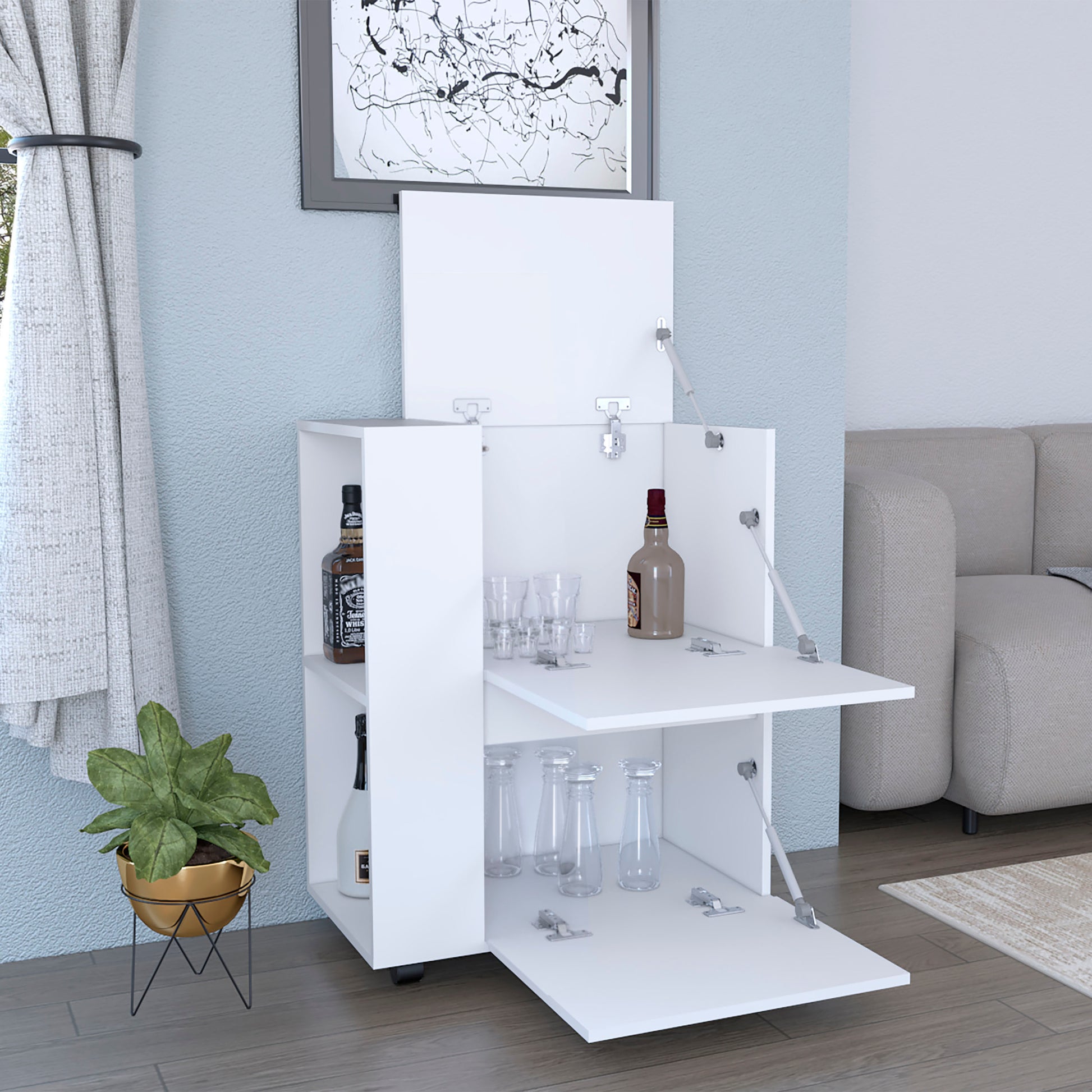 Glasgow Bar Cart Two Pull Down Door Cabinets And Two Open Shelves Freestanding 1 2 Spaces White Primary Living Space Mdf Engineered Wood