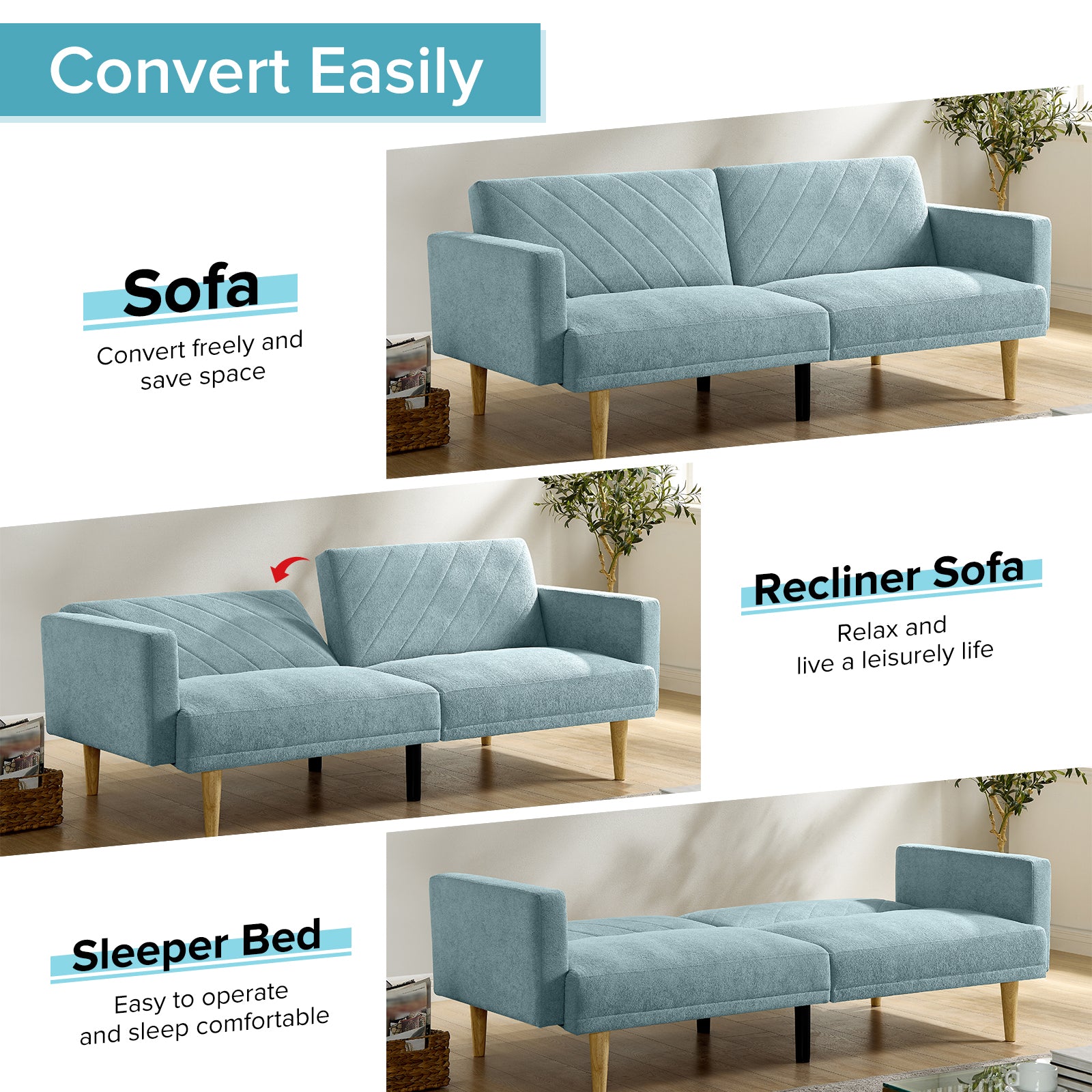 Multi Functional Futon Sofa Bed :Tapered Wood Legs Ideal For Small Living Rooms Multi Color Fabric Options Easily Converts To Single Bed ,Blue Blue Velvet Wood Primary Living Space Medium Soft Mid Century Modern Square Arms Memory Foam Snowflake Velvet
