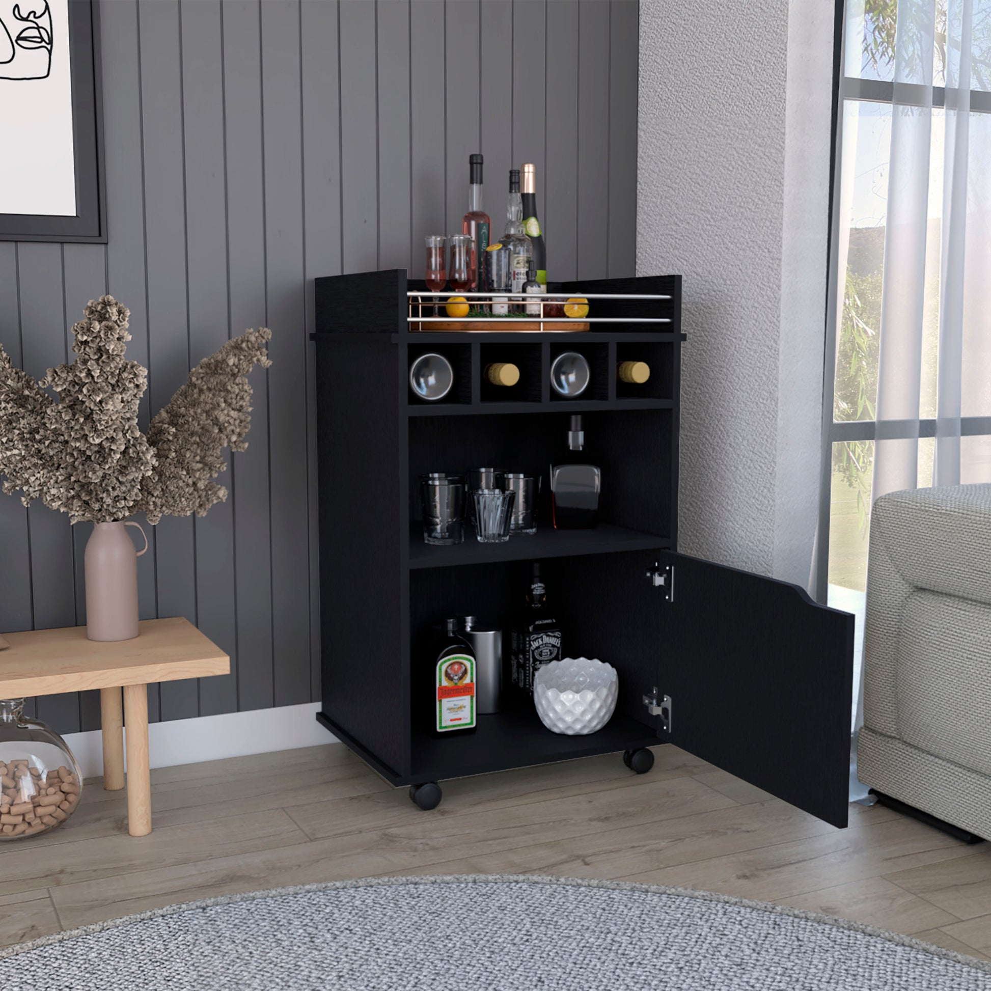 Phoenix Bar Cart With 2 Open Shelves 4 Cubbies And Cabinet Freestanding 1 2 Spaces Black Shelves Included Modern Mdf Engineered Wood