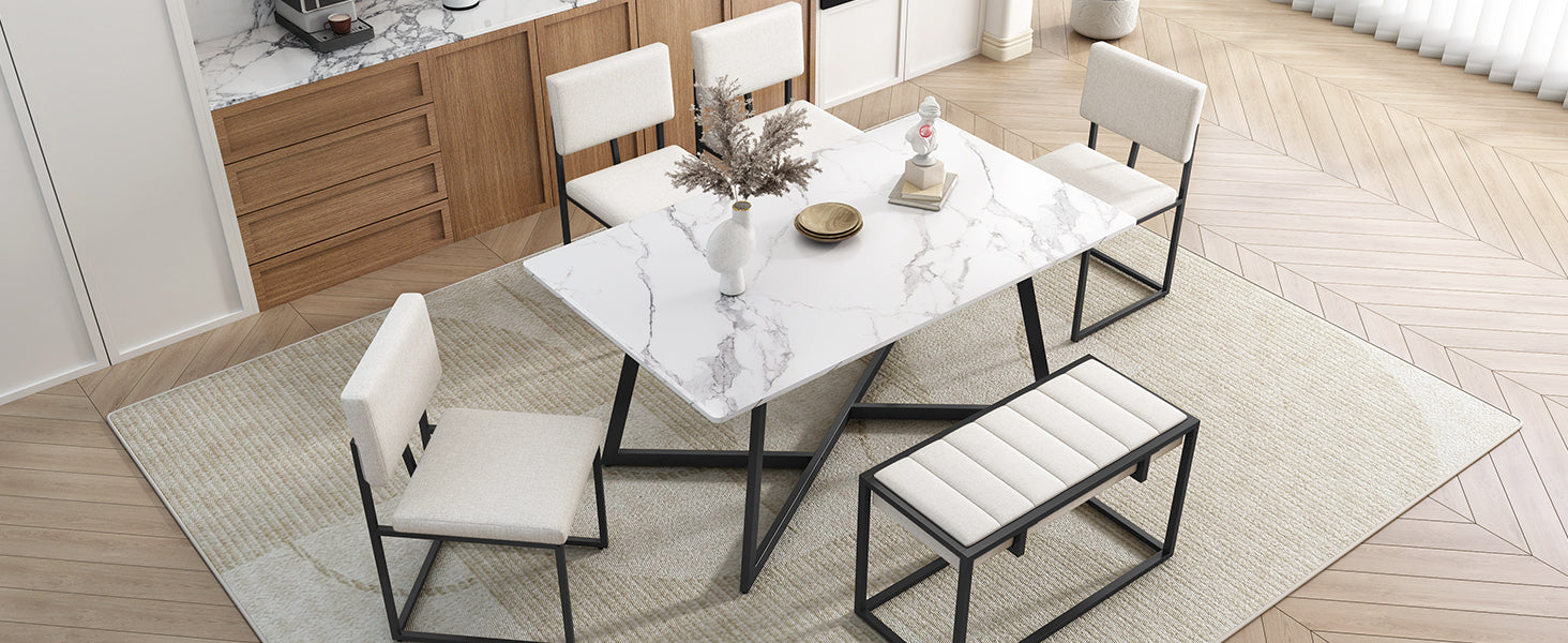 Modern Faux Marble 6 Piece Dining Table Set,60Inch Metal Kitchen Table Set With Upholstered Dining Chairs And Bench, Black Metal Dining Room Bench Seating Rectangular Dining Table With Chair And Bench Metal Wood Black Seats 6 60 Inches Farmhouse Trestle