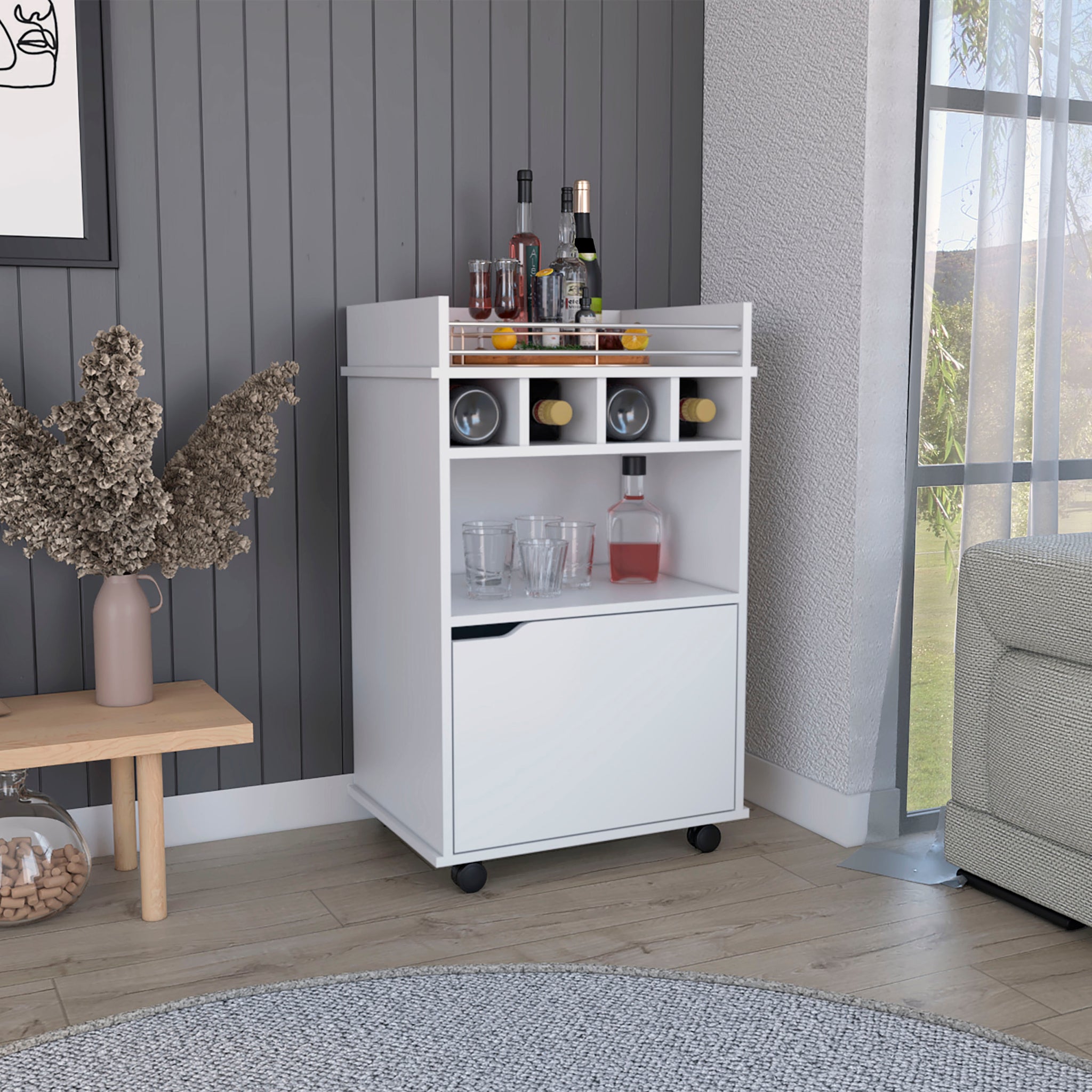 Phoenix Bar Cart With 2 Open Shelves 4 Cubbies And Cabinet Freestanding 1 2 Spaces Natural White Primary Living Space Shelves Included Modern Mdf Engineered Wood