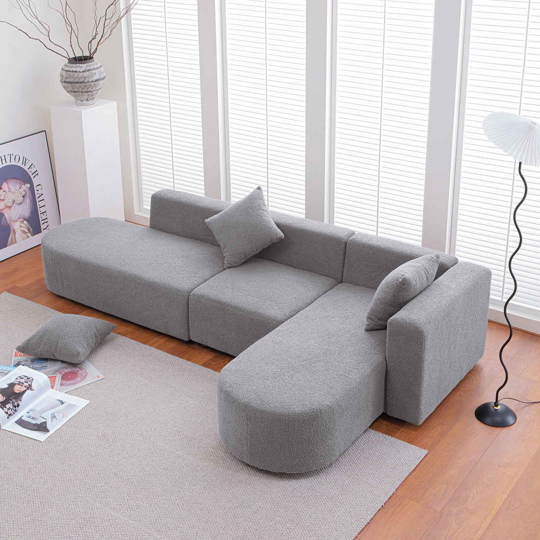 Modern L Shape Boucle Sofa With Curved Seat Facing Right Gray Modern Boucle