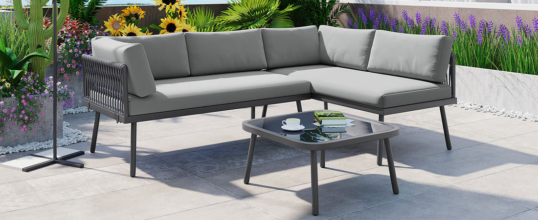 Modern Outdoor 3 Piece Pe Rattan Sofa Set All Weather Patio Metal Sectional Furniture Set With Cushions And Glass Table For Backyard, Poolside, Garden, Gray,L Shaped Yes Sectional Gray Seats 4 Weather Resistant Frame Water Resistant Cushion Garden &