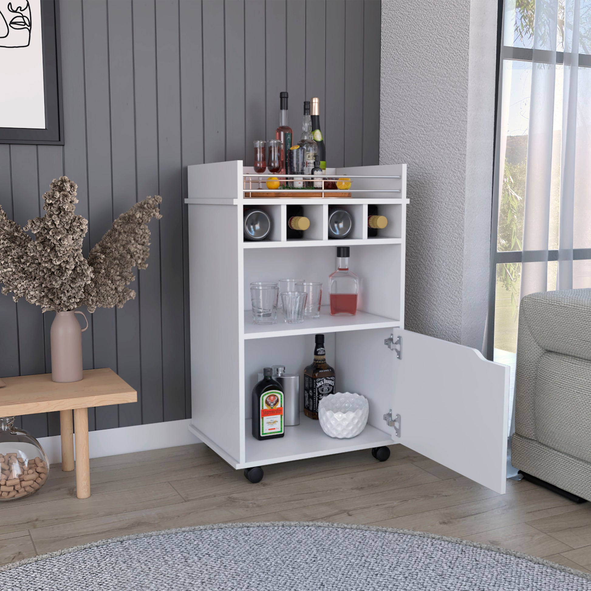 Phoenix Bar Cart With 2 Open Shelves 4 Cubbies And Cabinet Freestanding 1 2 Spaces Natural White Primary Living Space Shelves Included Modern Mdf Engineered Wood