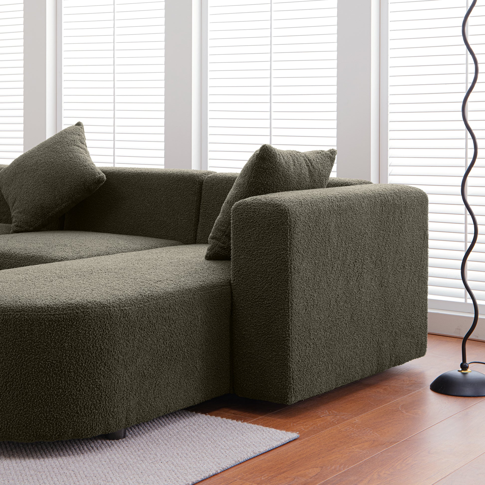 Modern L Shape Boucle Sofa With Curved Seat Facing Right Green Modern Boucle 4 Seat