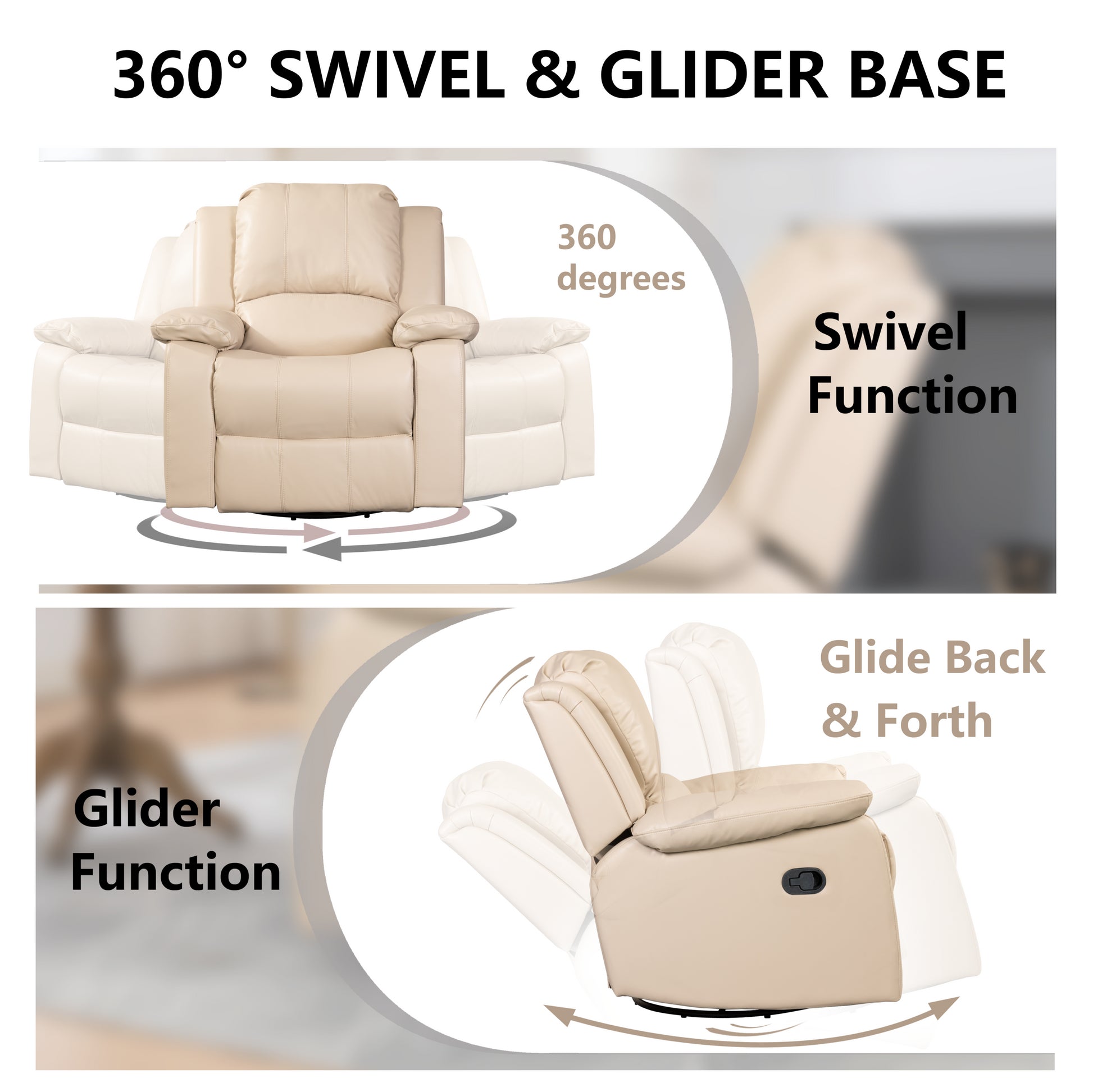 Swivel And Glider Recliner Chair Beige Faux Leather Manual Push Button Wood Primary Living Space Soft American Traditional Metal & Wood