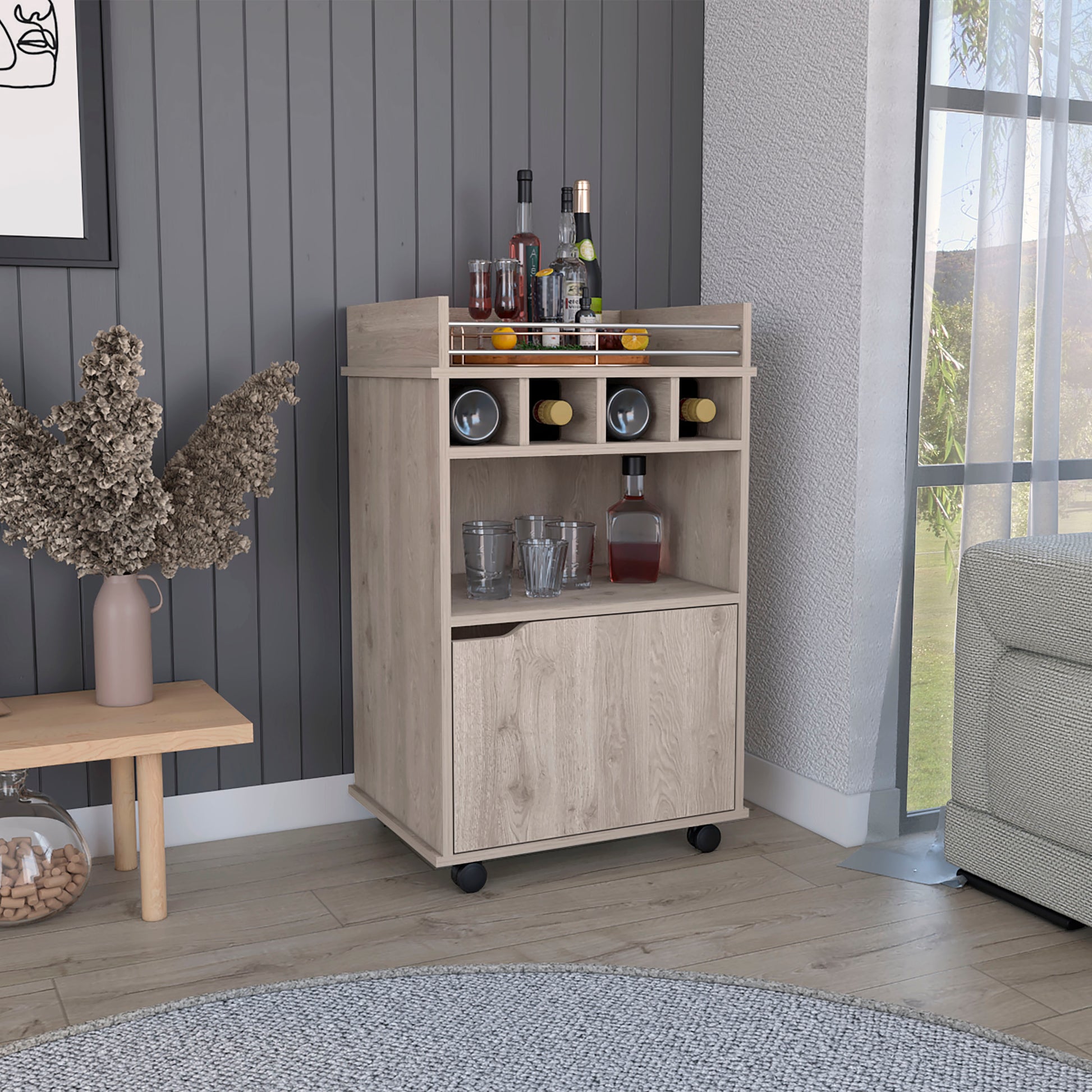 Phoenix Bar Cart With 2 Open Shelves 4 Cubbies And Cabinet Beige Primary Living Space Modern Mdf Engineered Wood