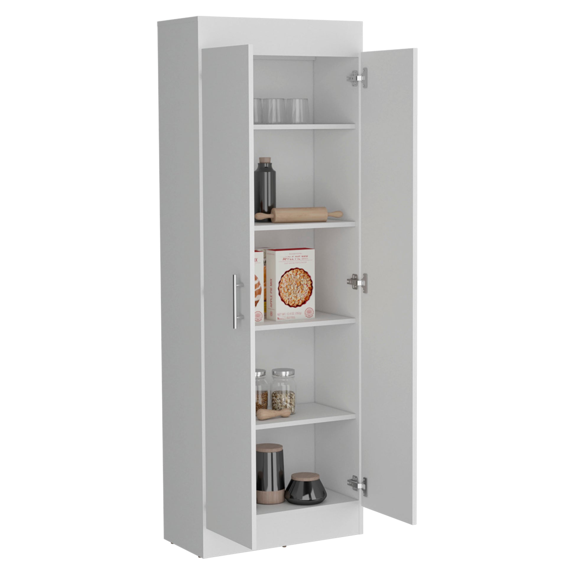 Nepal Pantry Cabinet, Space Efficient 2 Door Design With Multiple Shelves Freestanding White Kitchen Modern Mdf Engineered Wood