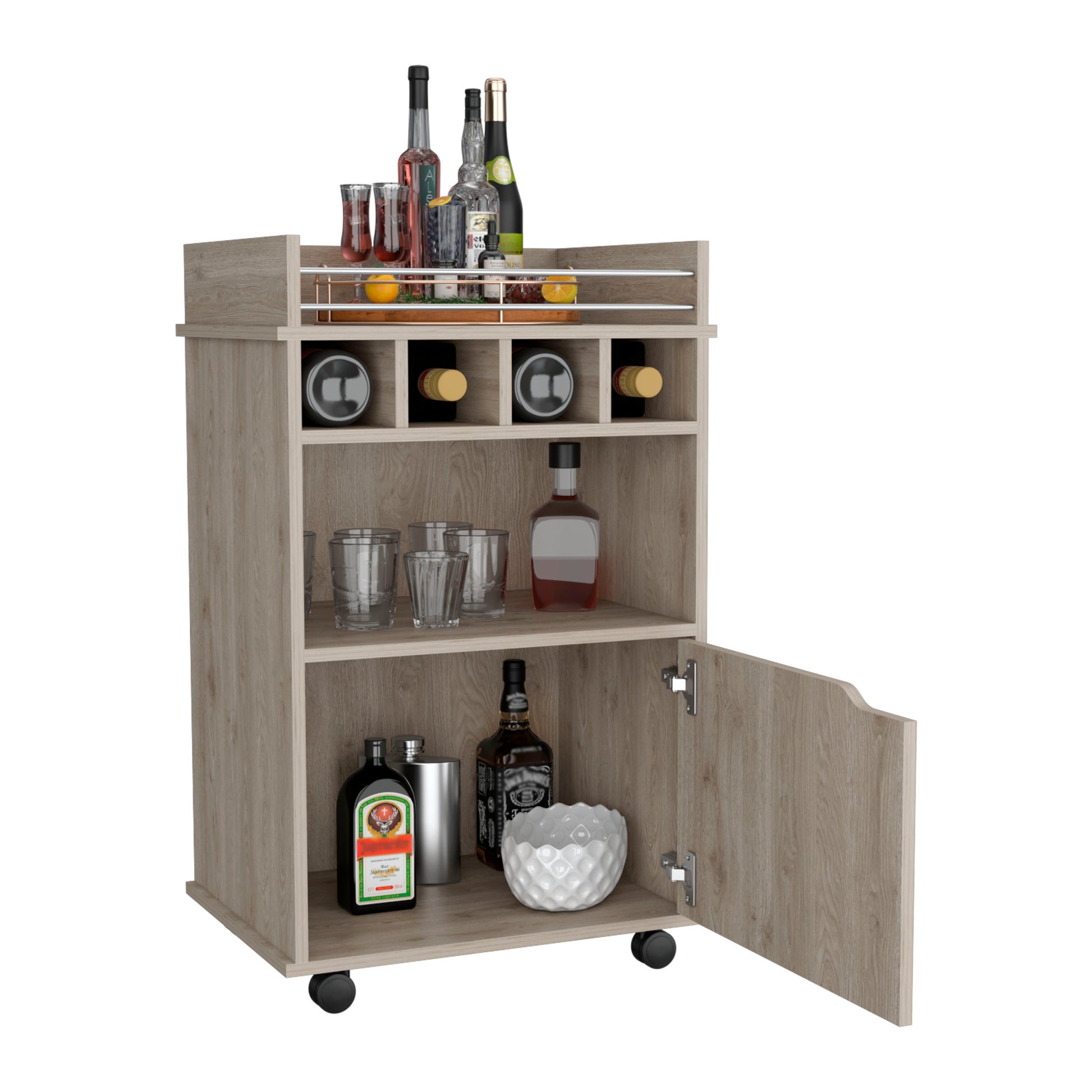 Phoenix Bar Cart With 2 Open Shelves 4 Cubbies And Cabinet Freestanding 1 2 Spaces Beige Primary Living Space Shelves Included Modern Mdf Engineered Wood