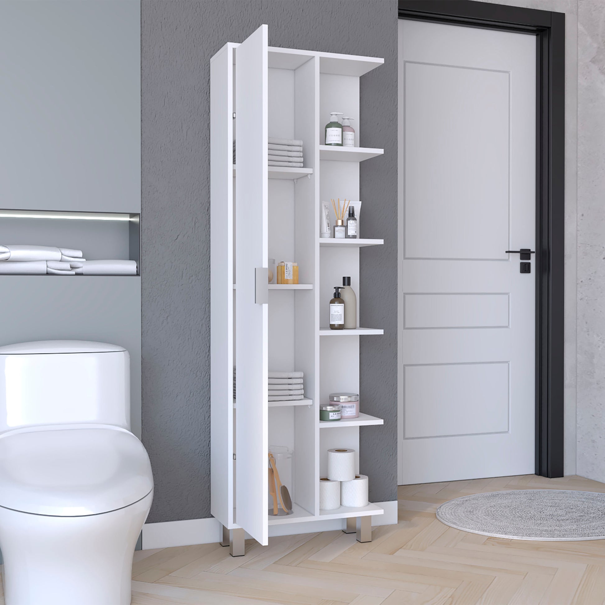 Crovie Linen 63 Inch High Bathroom Cabinet Storage Cabinet With Four Open Shelves White Bathroom Modern Mdf Engineered Wood Manual