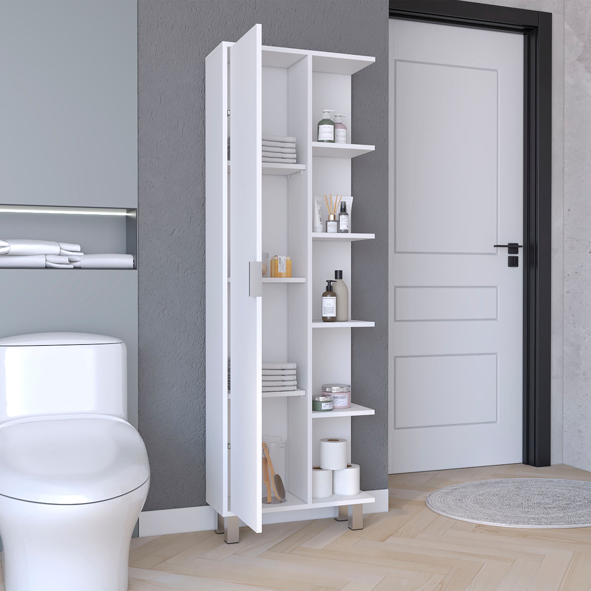 Crovie Linen 63 Inch High Bathroom Cabinet Storage Cabinet With Four Open Shelves White 4 Bathroom Freestanding Modern Mdf Engineered Wood