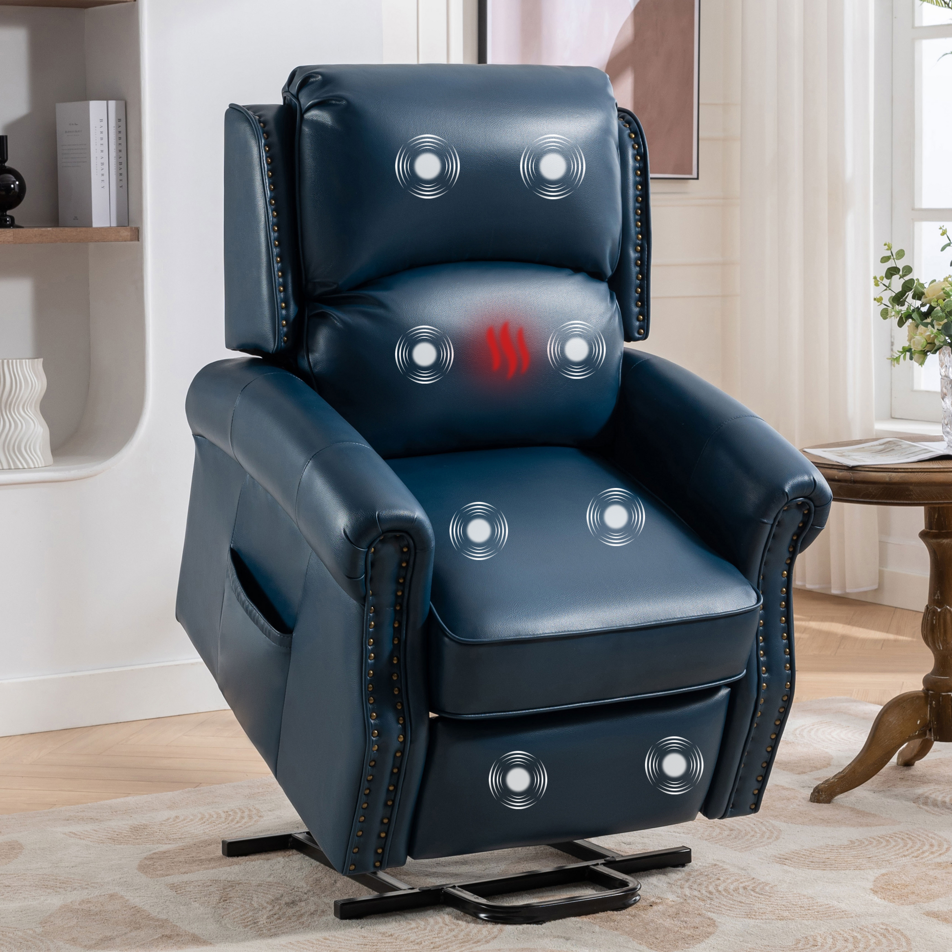 Lift Recliner Chair, Electric Power Lift Recliner Chair For Elderly With Eight Points Massage And Heating, Navy Blue Navy Blue Faux Leather Power Remote Wood Primary Living Space Soft American Traditional Metal & Wood