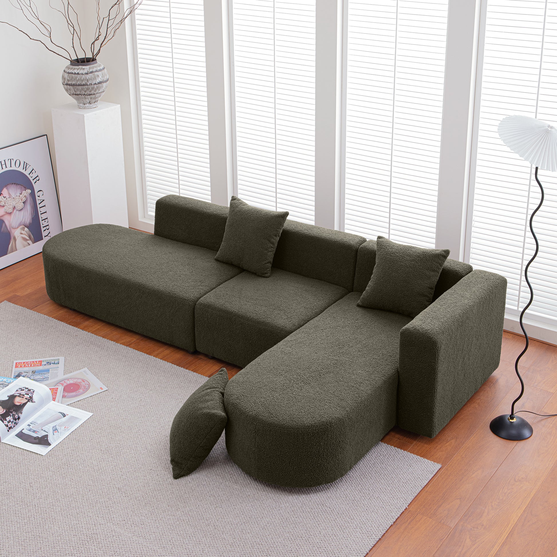 Modern L Shape Boucle Sofa With Curved Seat Facing Right Green Modern Boucle 4 Seat