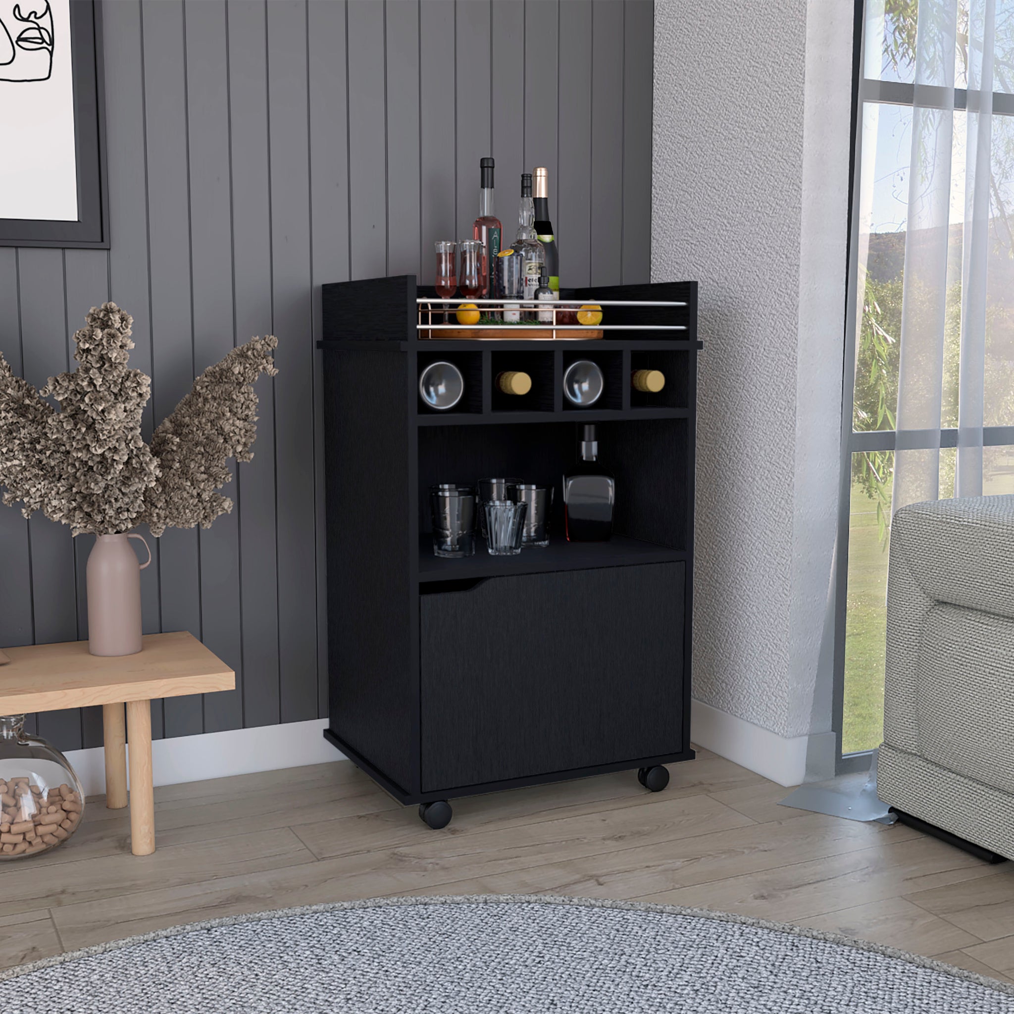 Phoenix Bar Cart With 2 Open Shelves 4 Cubbies And Cabinet Black Primary Living Space Modern Rectangular Mdf Engineered Wood Medium 40 55In