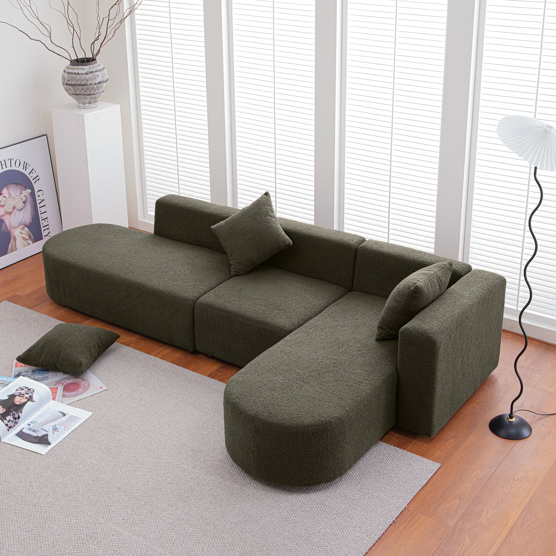 Modern L Shape Boucle Sofa With Curved Seat Facing Right Green Modern Boucle 4 Seat