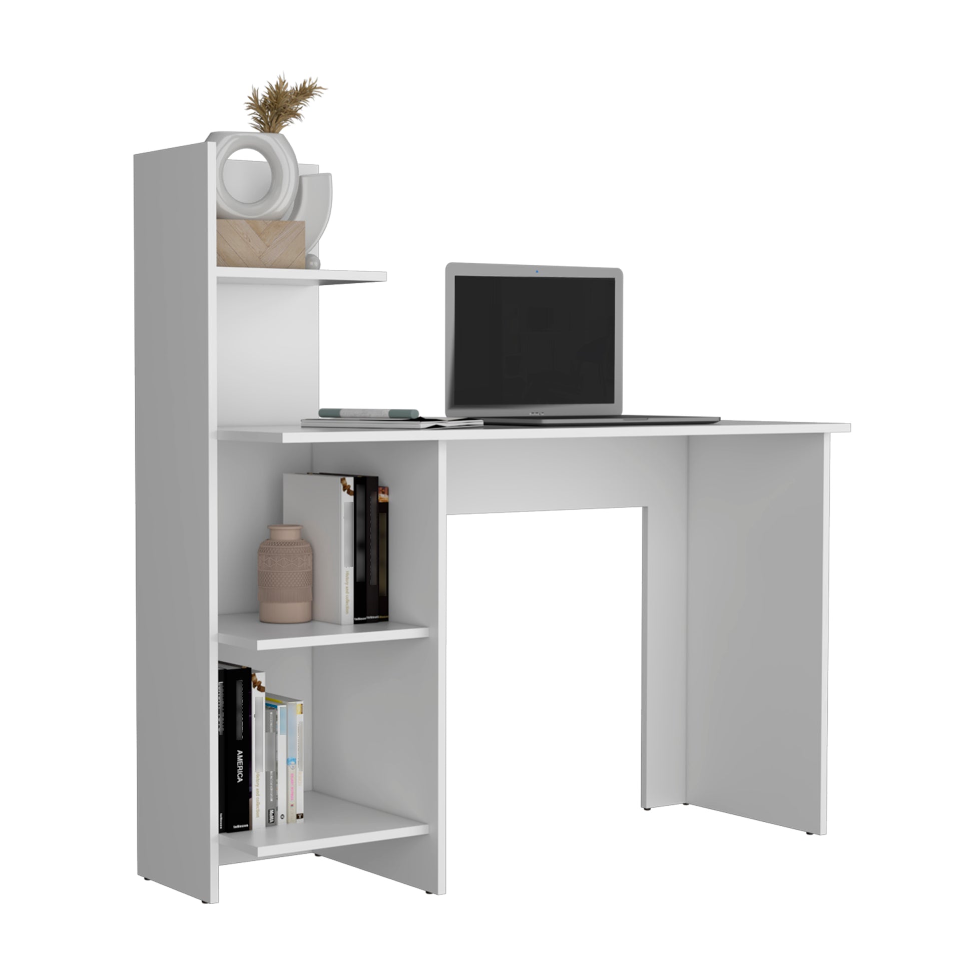 Vilna 120 Writing Deskfour Shelves White Computer Desk Office Modern Freestanding Rectangular Mdf Engineered Wood