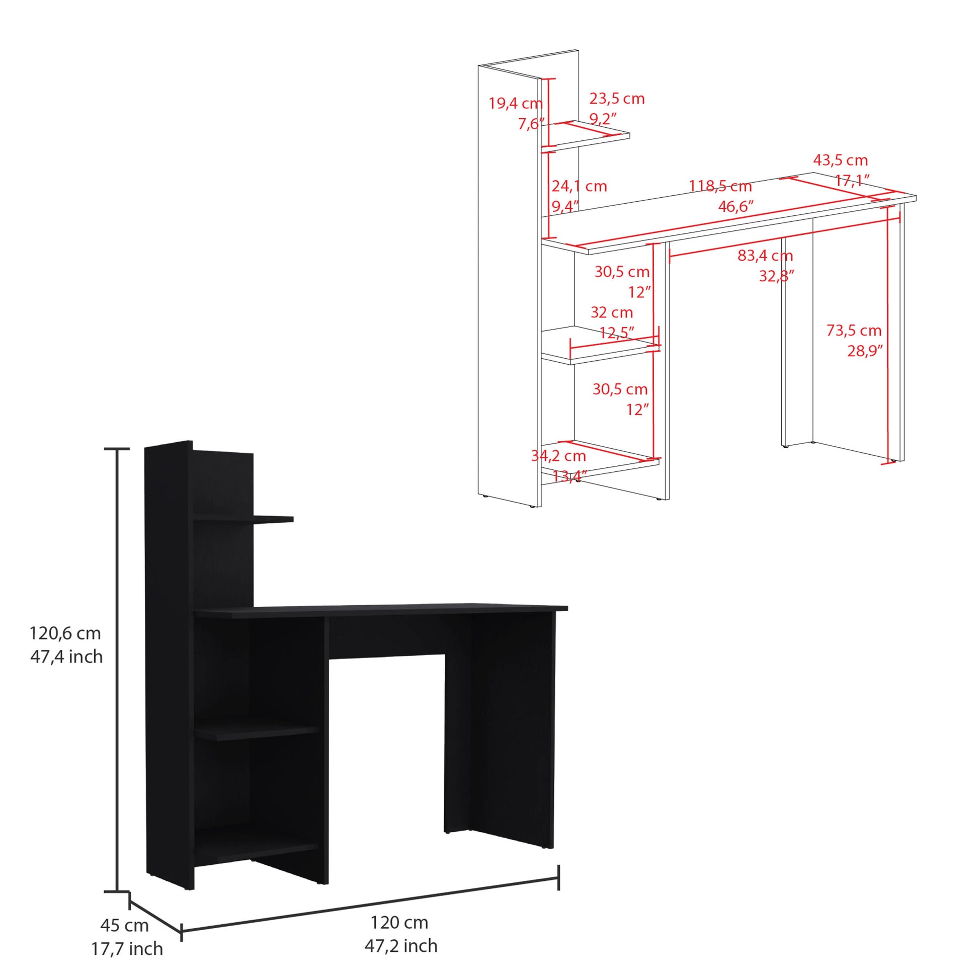 Vilna 120 Writing Deskfour Shelves Black Computer Desk Office Modern Freestanding Rectangular Mdf Engineered Wood