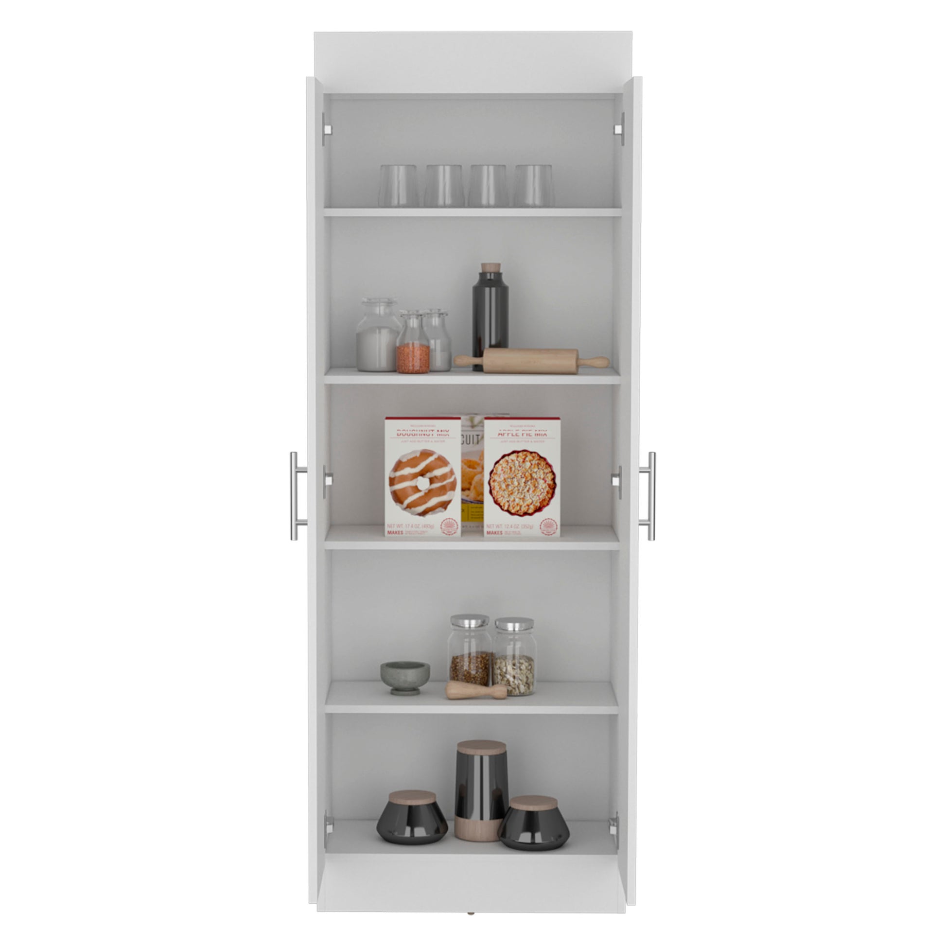 Nepal Pantry Cabinet, Space Efficient 2 Door Design With Multiple Shelves Freestanding White Kitchen Modern Mdf Engineered Wood